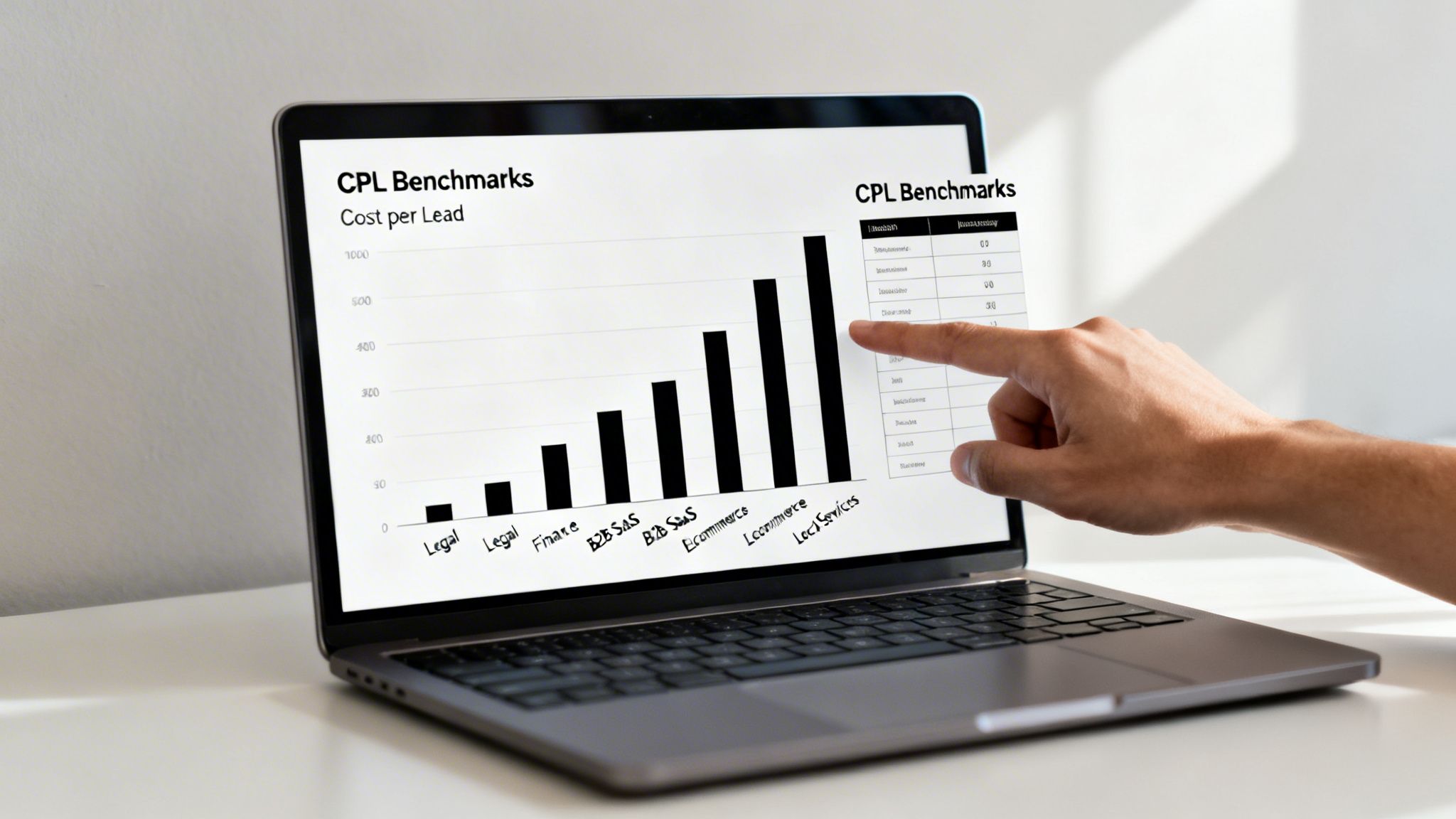 Hand zeigt auf einen Laptop-Bildschirm mit einem Balkendiagramm und einer Tabelle zu CPL-Benchmarks nach Branche.