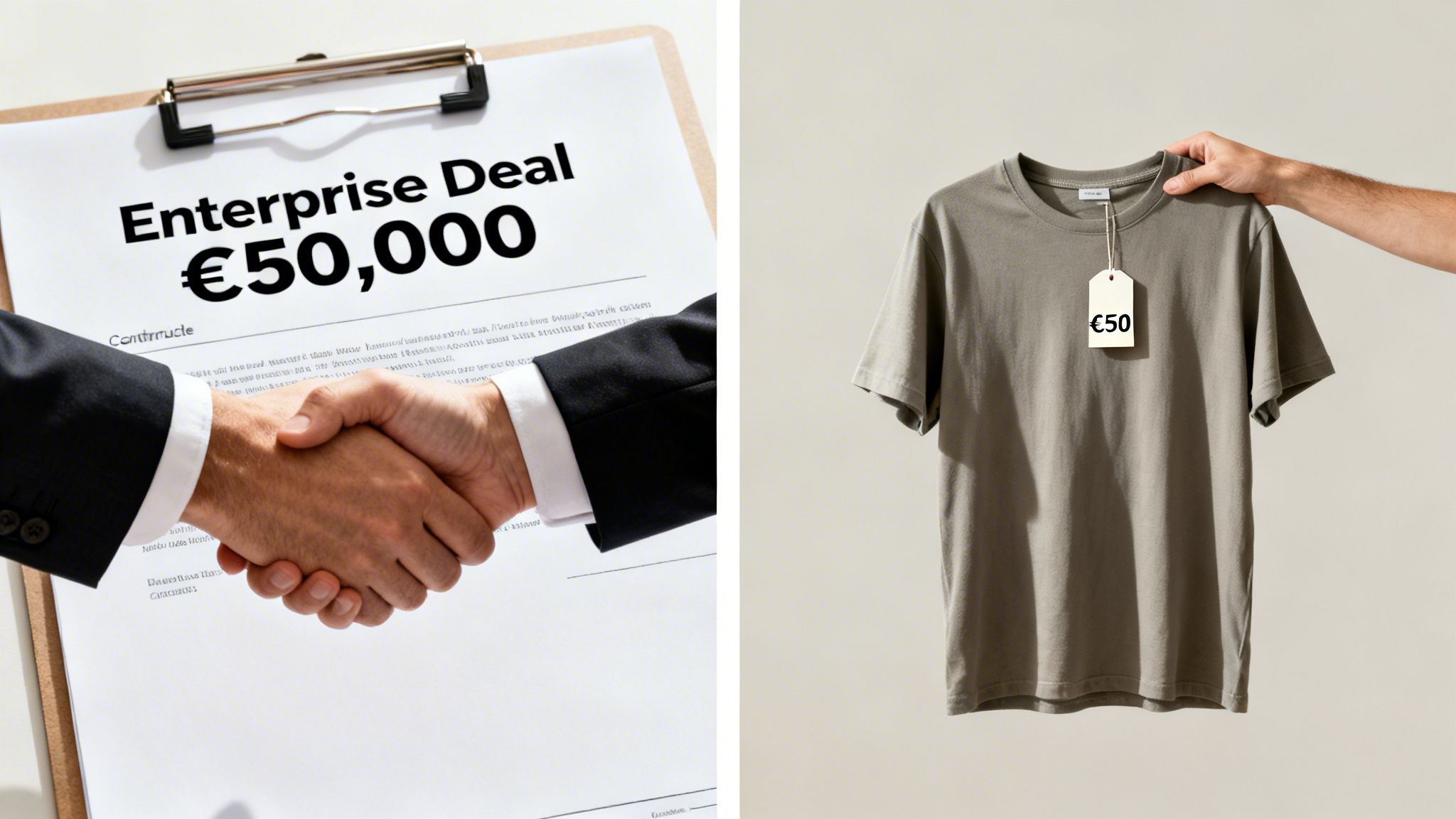 Zwei Geschäftsleute schütteln sich die Hand bei einem Enterprise-Deal über 50.000 €, kontrastiert mit einer Hand, die ein T-Shirt in der Preisspanne von 50 € hält.
