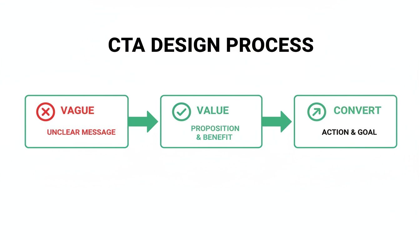 Diagrama que ilustra el proceso de diseño del CTA, pasando de mensajes vagos a valor y, después, a conversión.