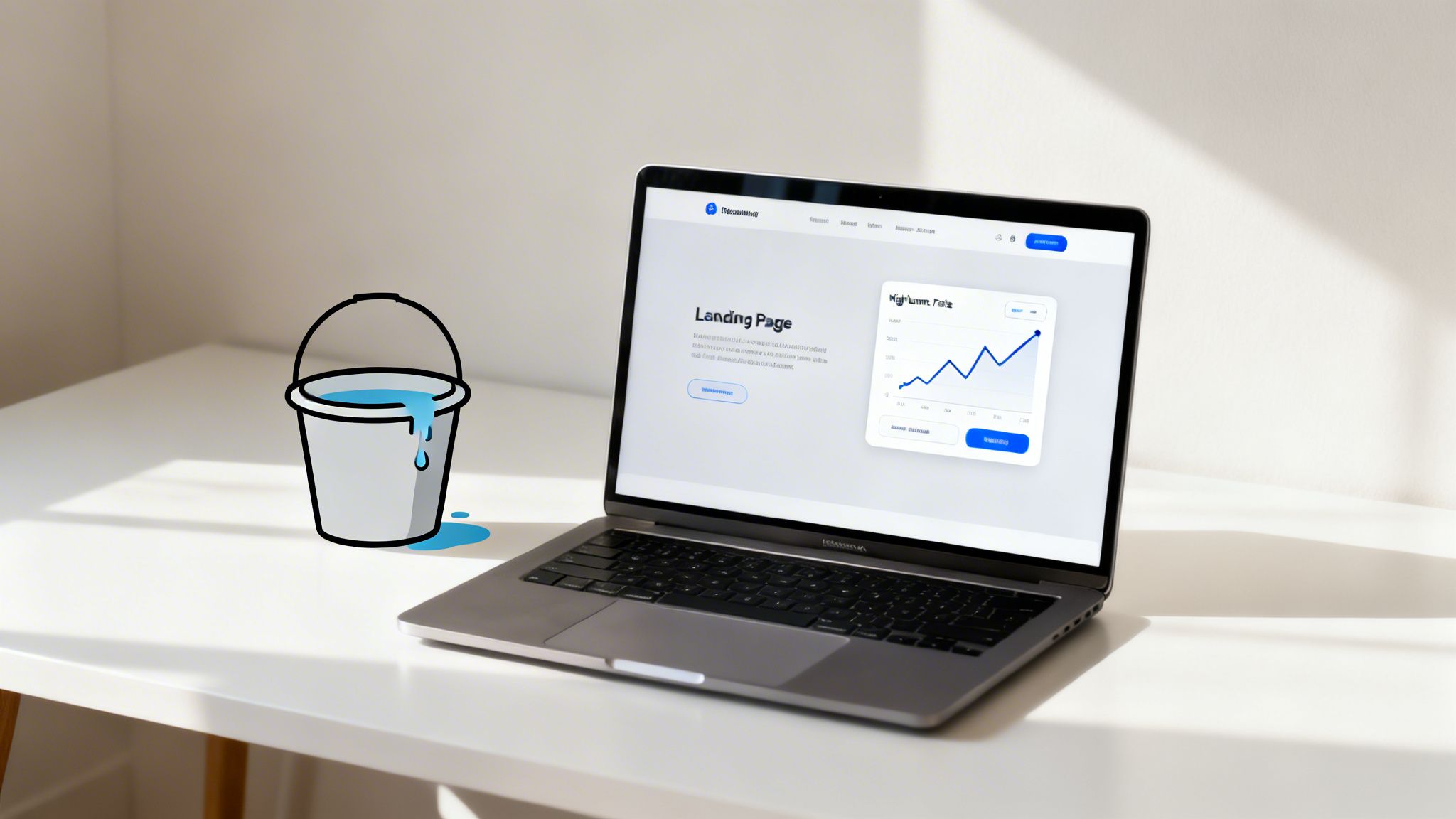 Un portátil que muestra un diseño de landing page y un cubo de dibujos animados derramando agua azul sobre un escritorio blanco.