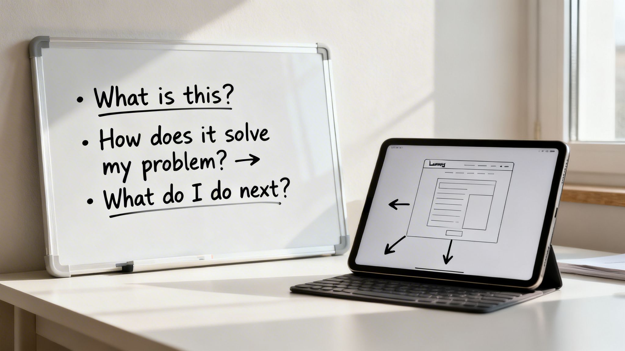 Pizarra con preguntas sobre experiencia de usuario junto a una tableta que muestra un wireframe de un sitio web.