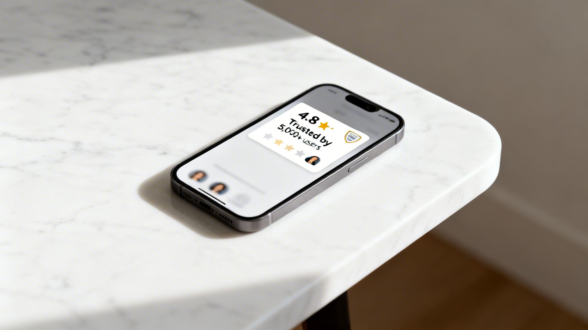 Un iPhone affichant une note de 4,8 étoiles, fiable pour 5 000+ utilisateurs, sur une table en marbre.