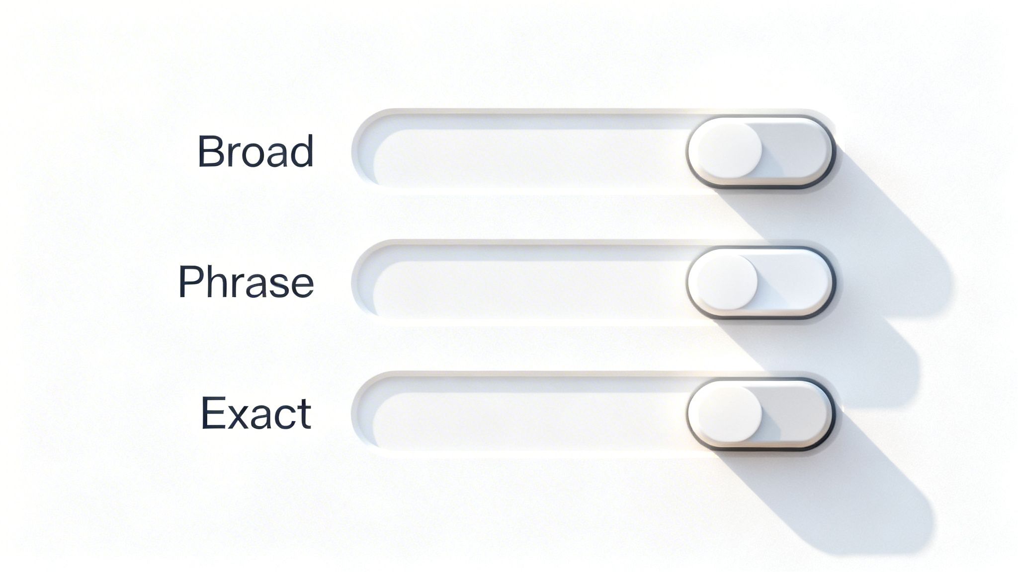 Tres interruptores blancos con etiquetas Broad, Phrase y Exact, todos en off.