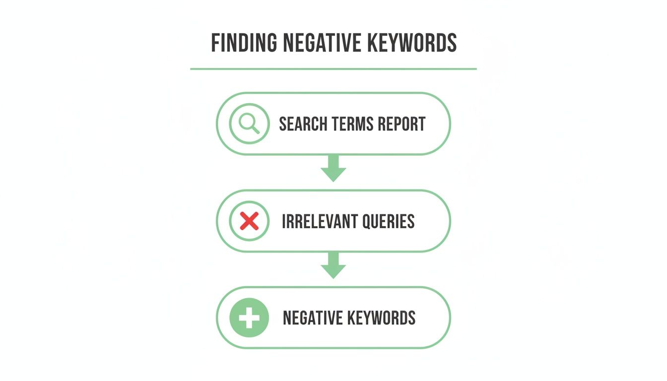 Diagrama de flujo que ilustra el proceso para encontrar keywords negativas, desde los informes de términos de búsqueda hasta la identificación de consultas irrelevantes.