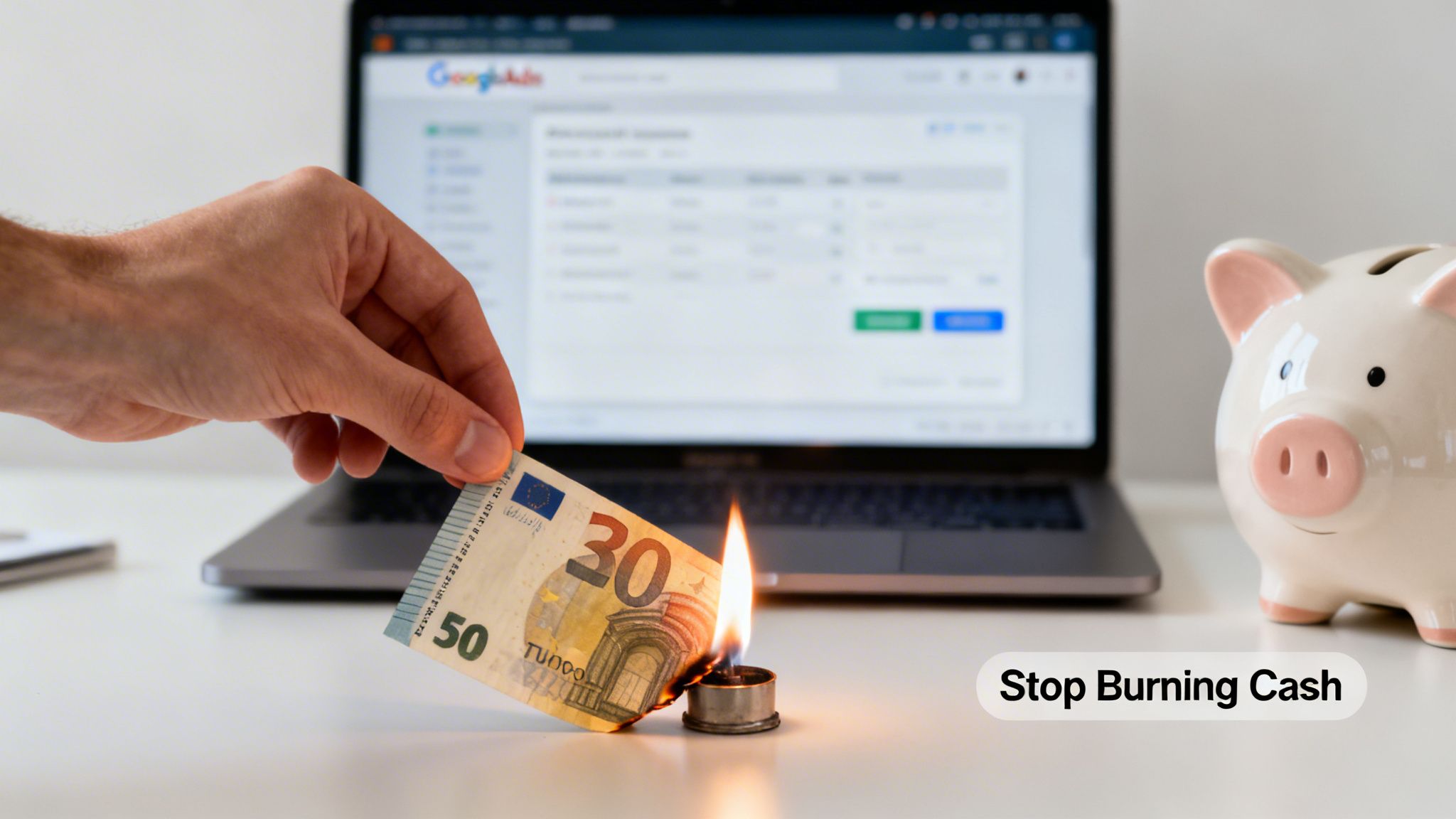 Una mano quema un billete de 50 euros sobre una llama, con una pantalla de Google Ads y una hucha al fondo, simbolizando dinero desperdiciado.