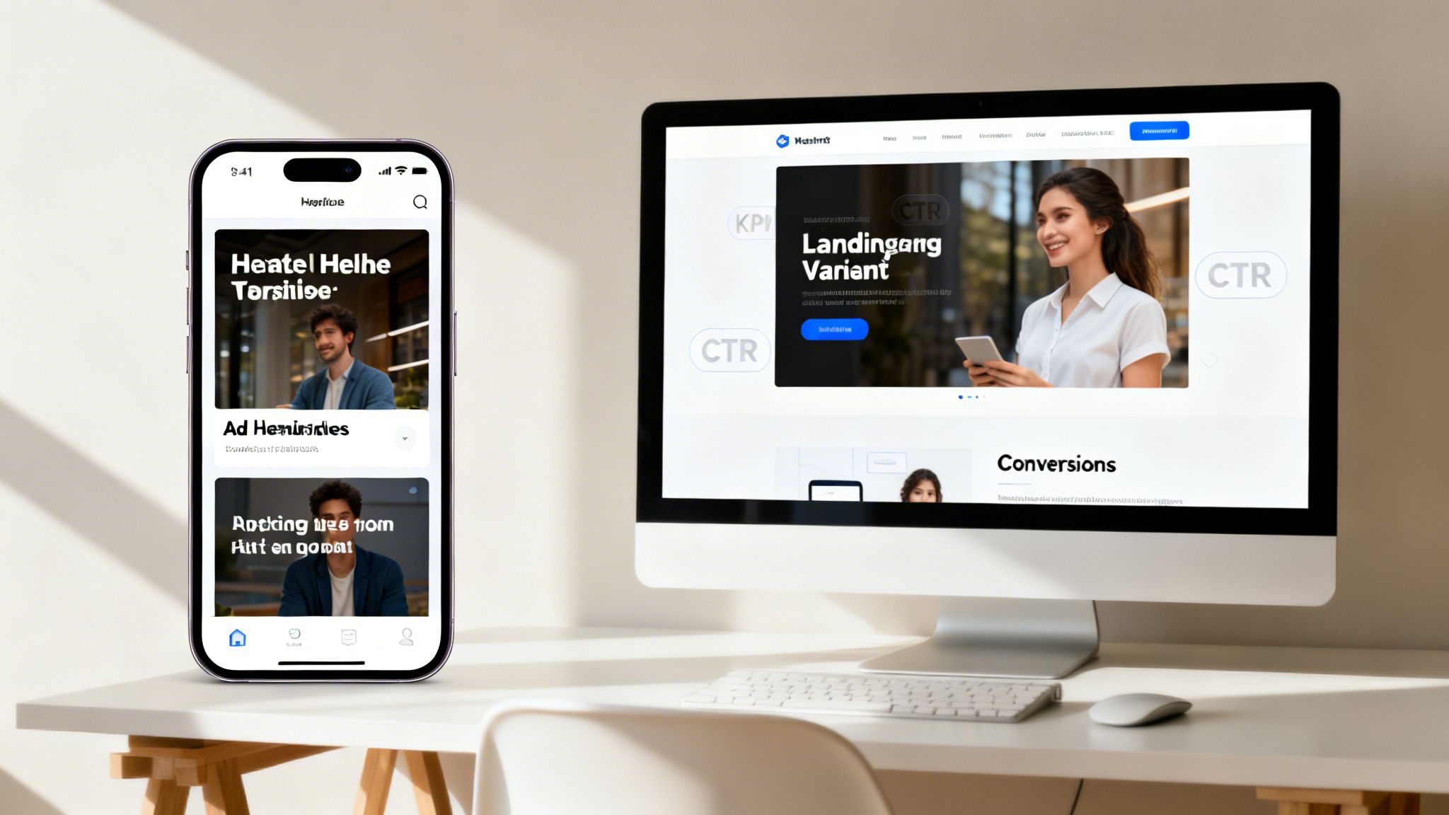 Un smartphone și un monitor desktop afișează dashboard-uri de A/B testing cu variante, CTR și metrici de conversie.