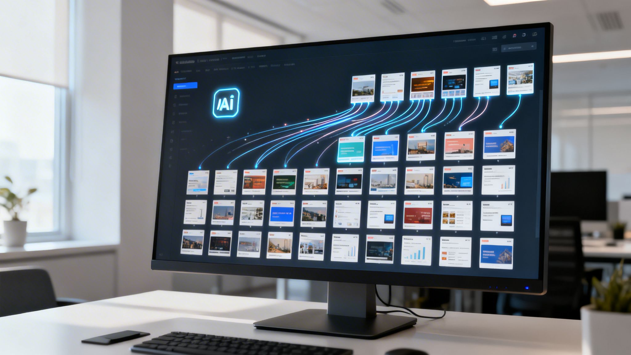 Un monitor de computer afișează o interfață de software iAi cu carduri de date interconectate într-un birou modern.