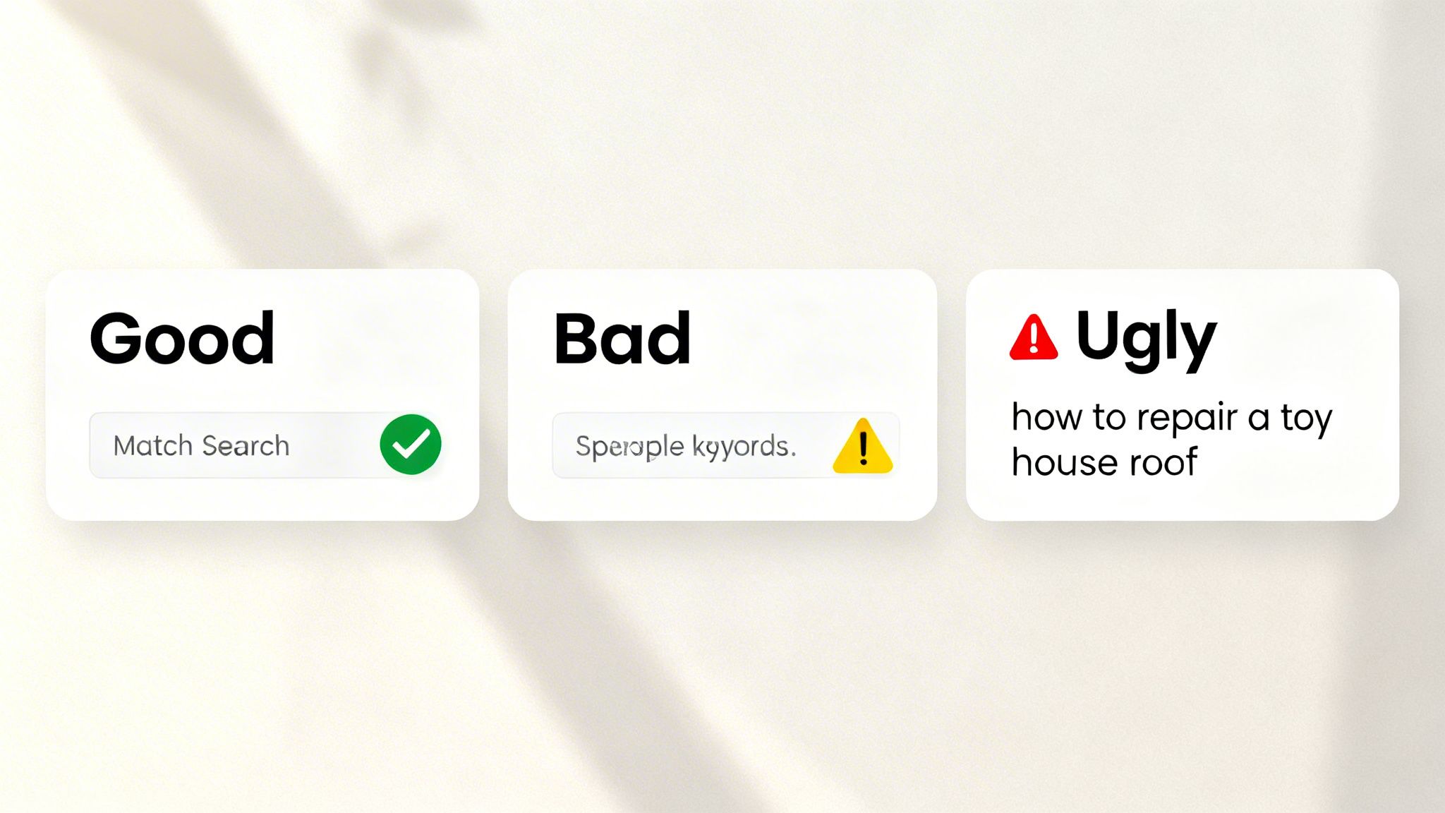Trois cartes illustrant des exemples de mots-clés : le bon, le mauvais et le pire, pour des requêtes de recherche et leur niveau de qualité.