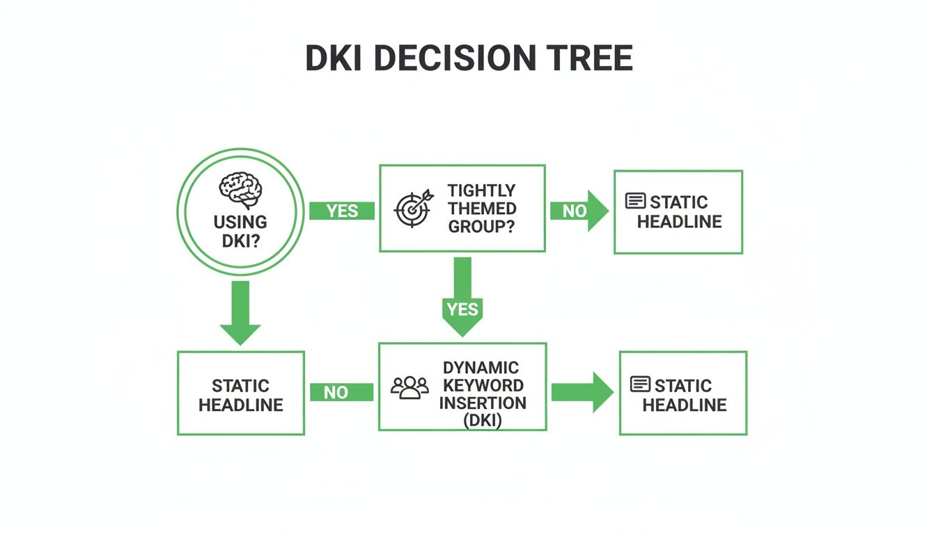Organigramme DKI : quand utiliser Dynamic Keyword Insertion ou un titre statique.
