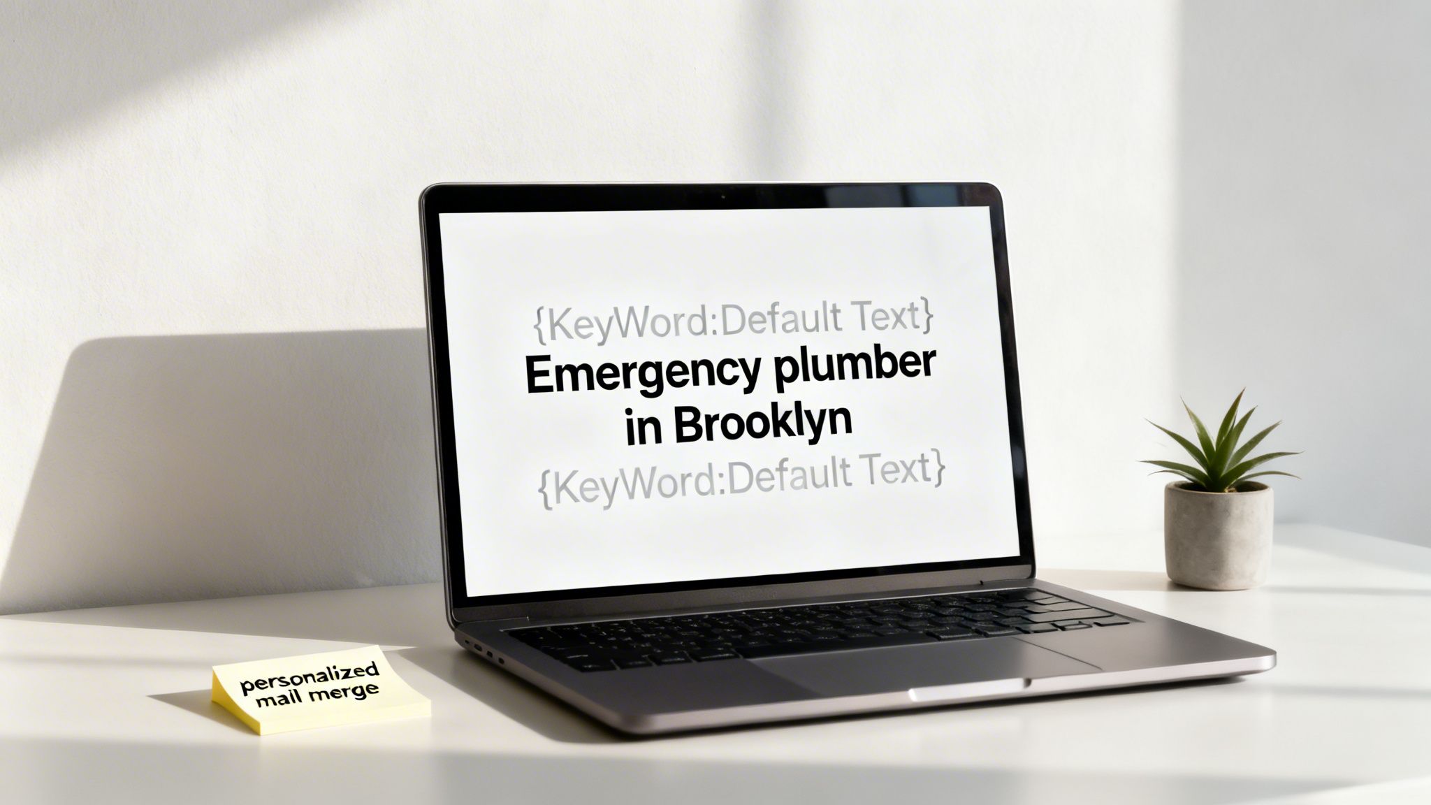 L'écran d'un ordinateur affiche 'Emergency plumber in Brooklyn' avec des emplacements d'insertion dynamique de mots-clés et une note de publipostage personnalisée.