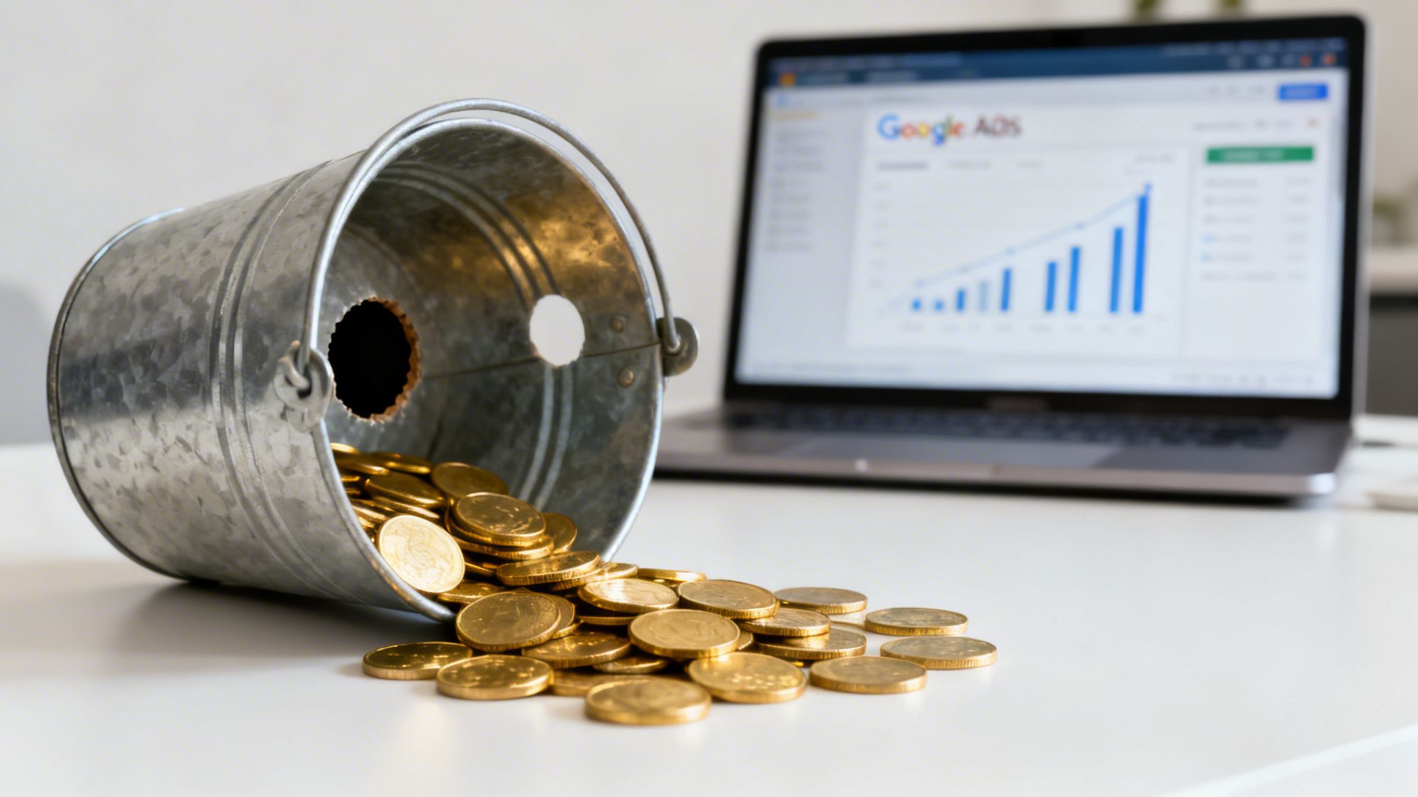 Un seau métallique déversant des pièces d’or, avec un ordinateur portable affichant un graphique de croissance Google Ads.