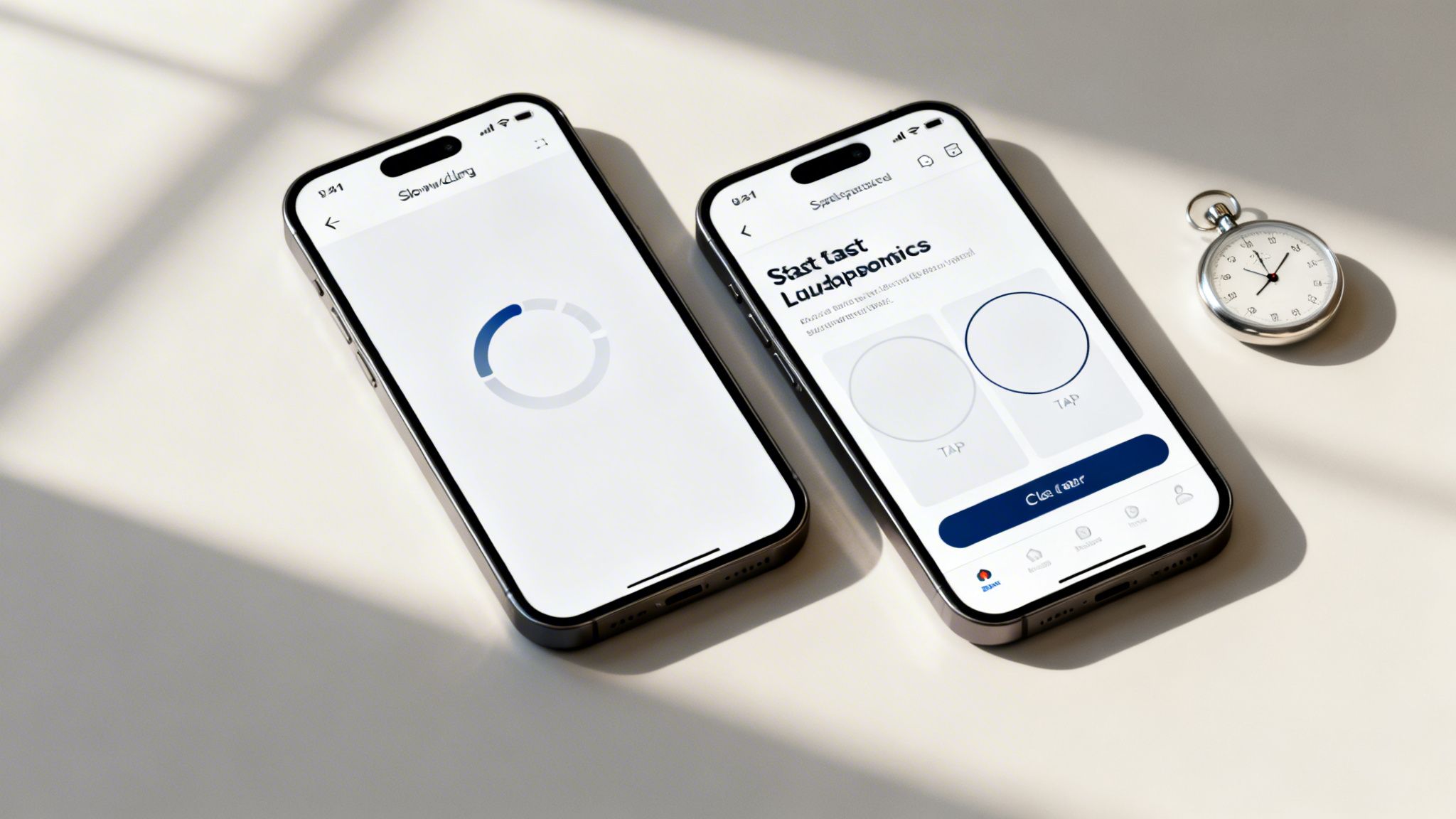 Deux iPhones affichent des interfaces d’applications mobiles : l’un présente une animation de chargement, l’autre un sondage utilisateur, avec un chronomètre sur une surface claire.