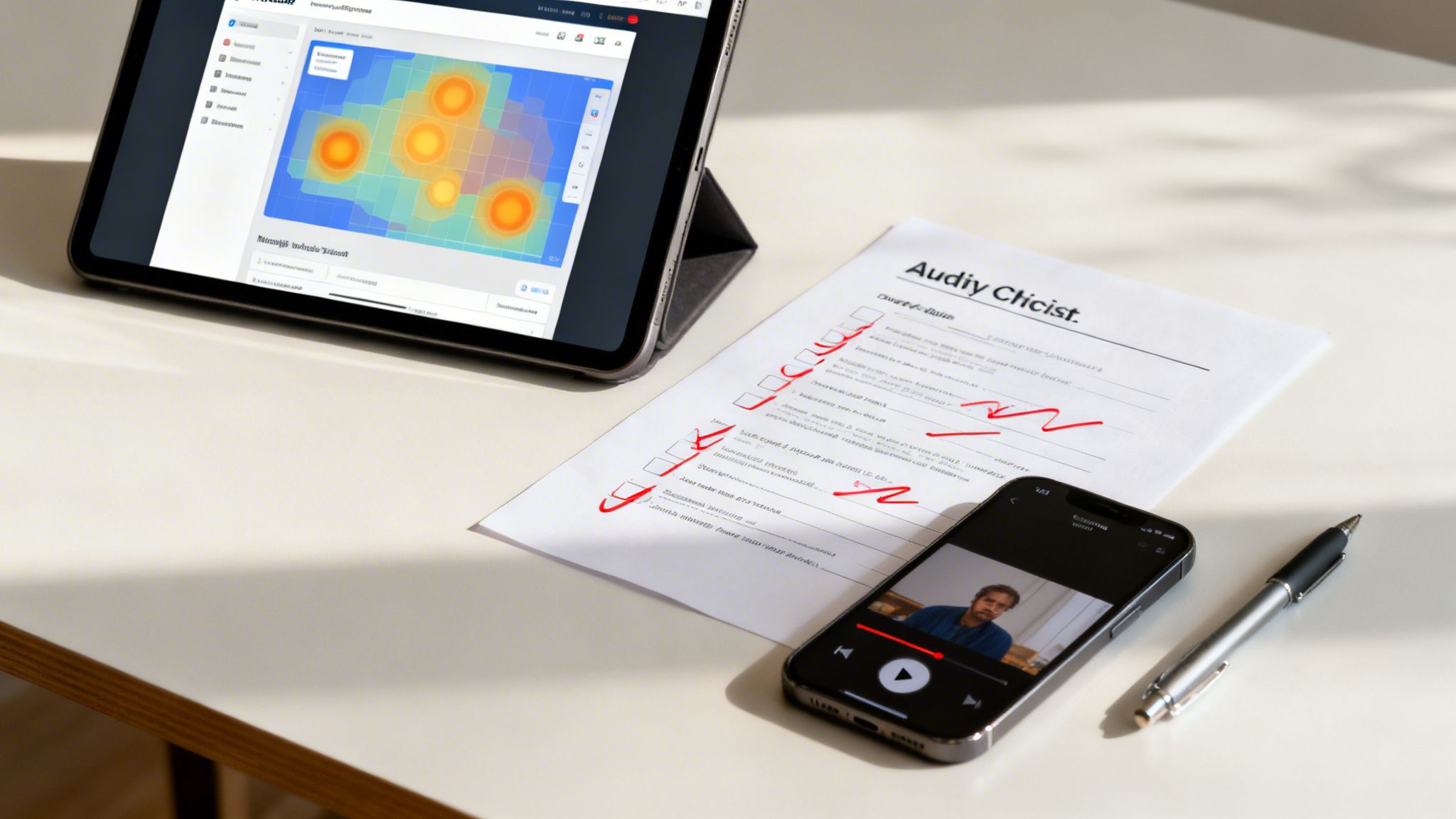 Un espace de travail avec une tablette affichant une heatmap UX, une checklist, un smartphone qui lit une vidéo, et un stylo.