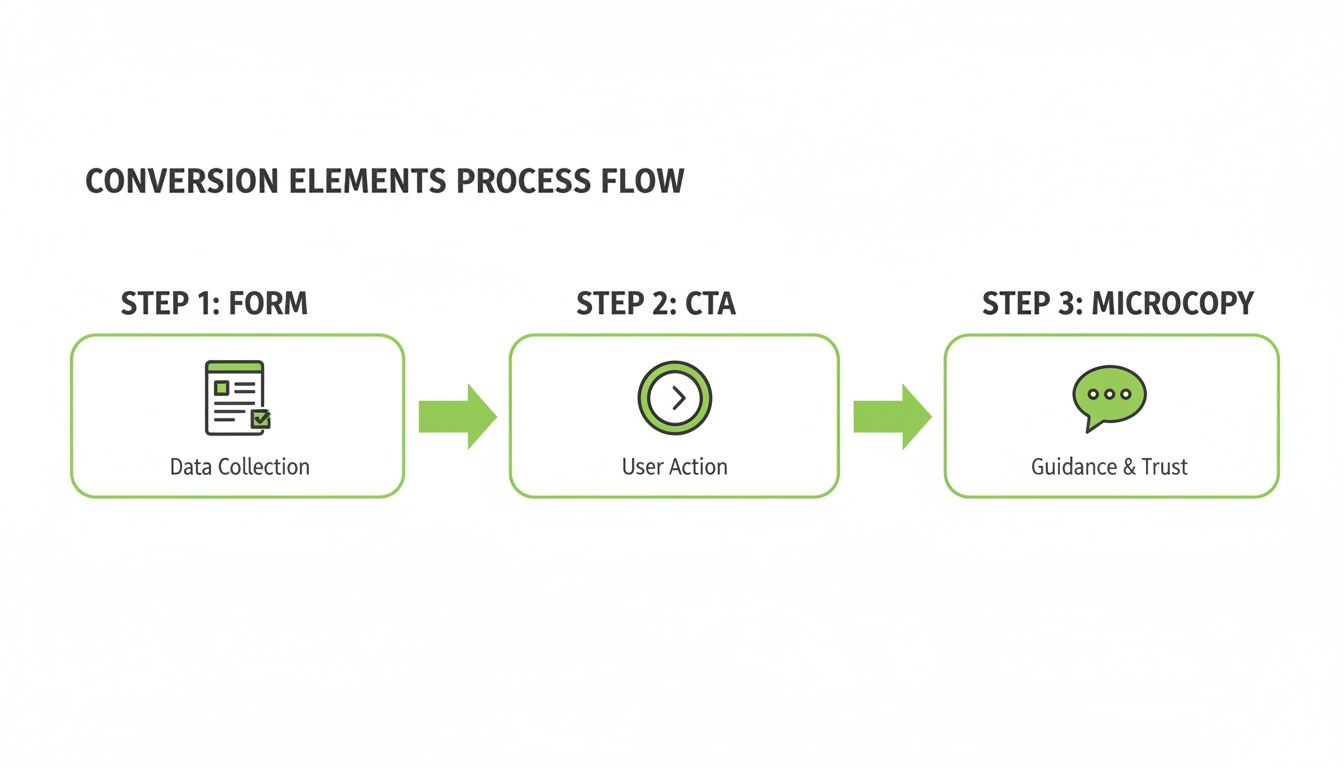 Un schéma visuel de processus représentant les éléments de conversion : un formulaire pour collecter des données, un call to action et de la microcopy.