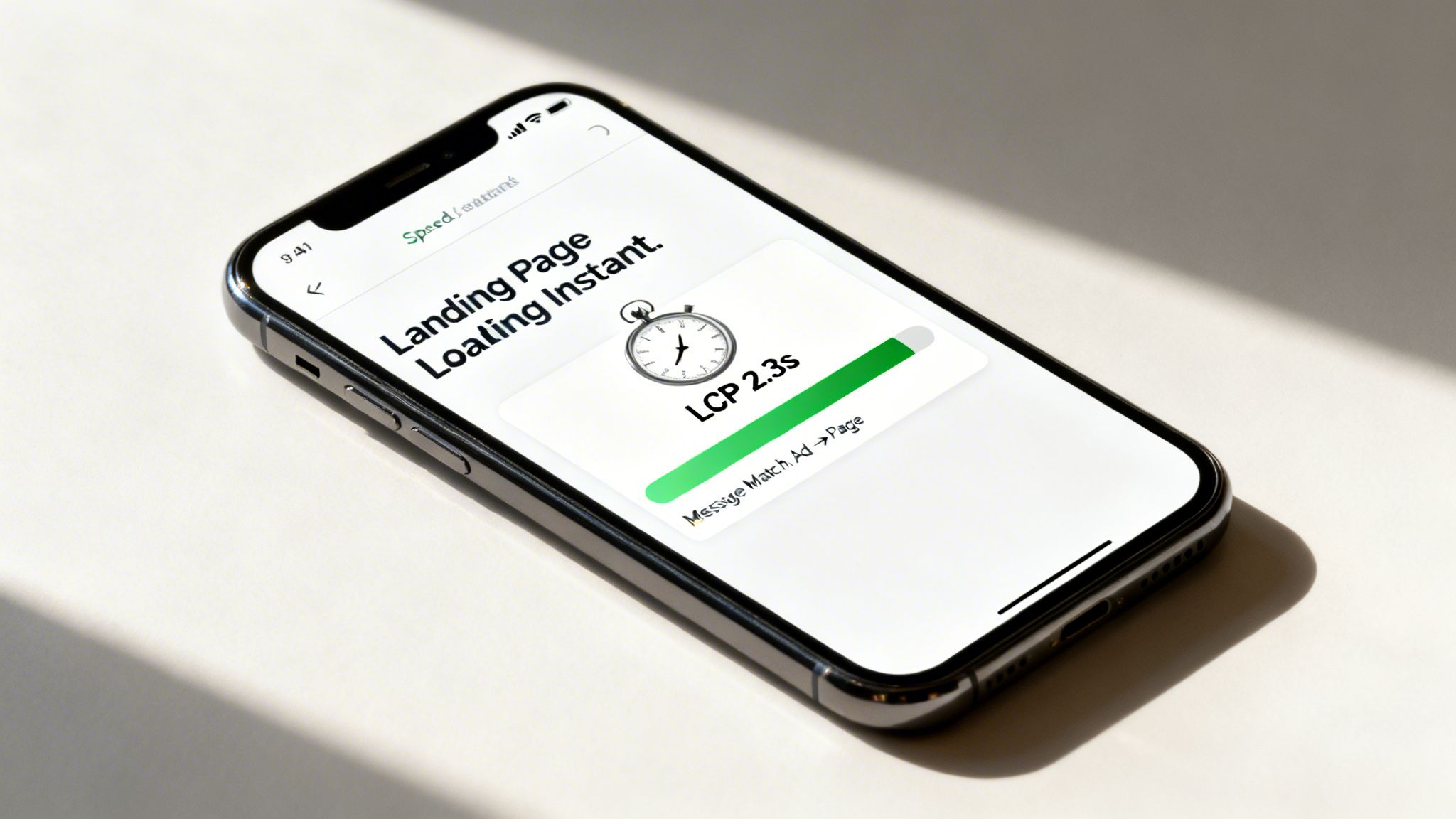 Un écran de smartphone affiche 'LCP 2,3s' avec une barre de progression, indiquant un chargement immédiat de la Landing Page.