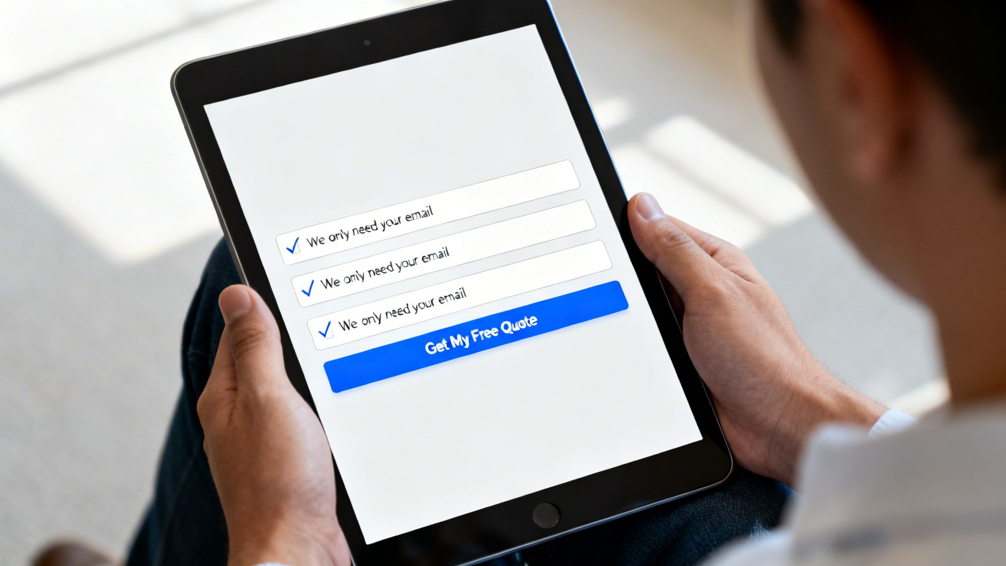 Une personne tient une tablette affichant un formulaire d’inscription par email avec le bouton 'Get My Free Quote'.