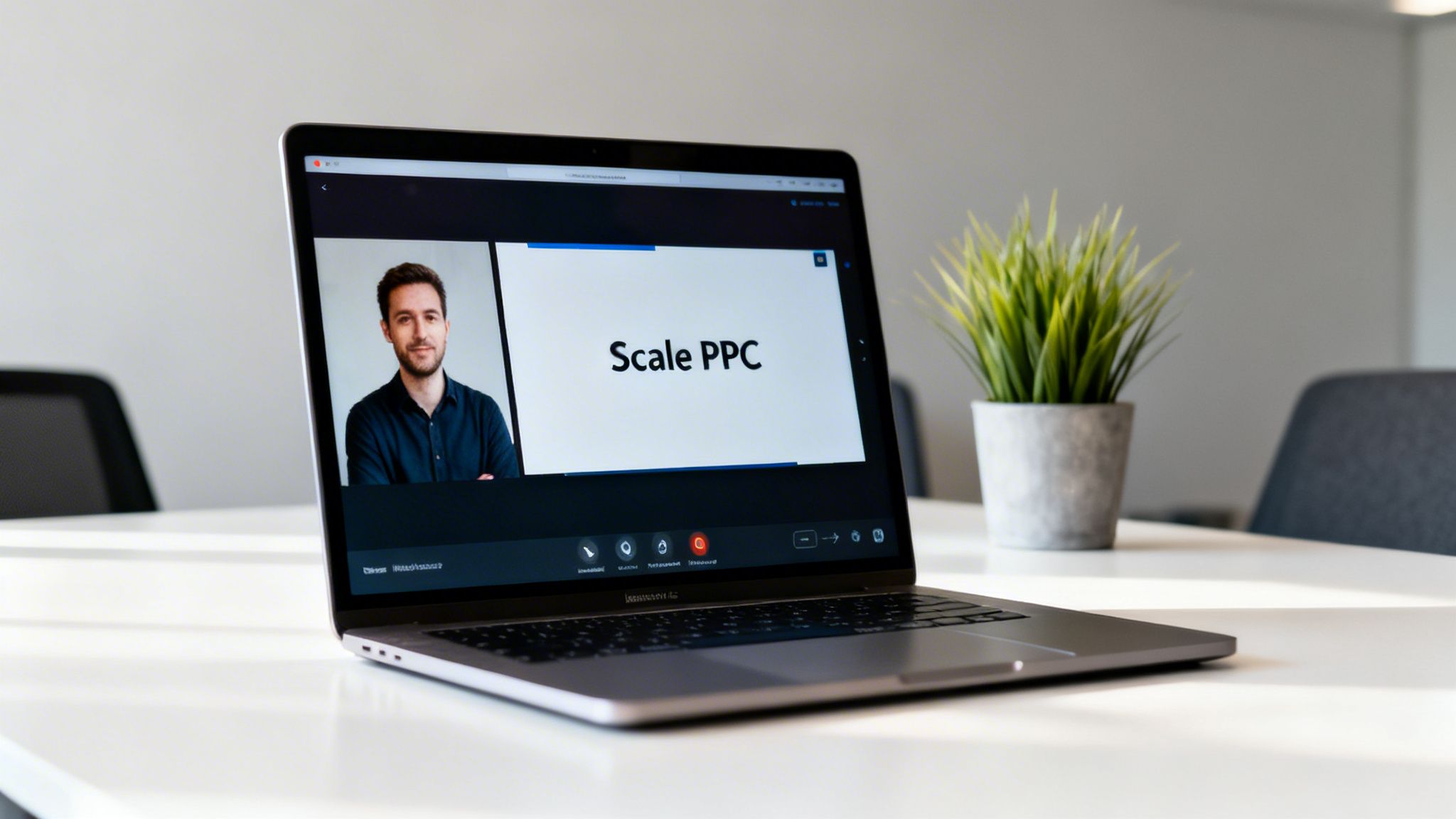Un ordinateur portable sur un bureau blanc affichant un homme présentant le contenu « Scale PPC » pendant un appel vidéo, avec une plante verte.