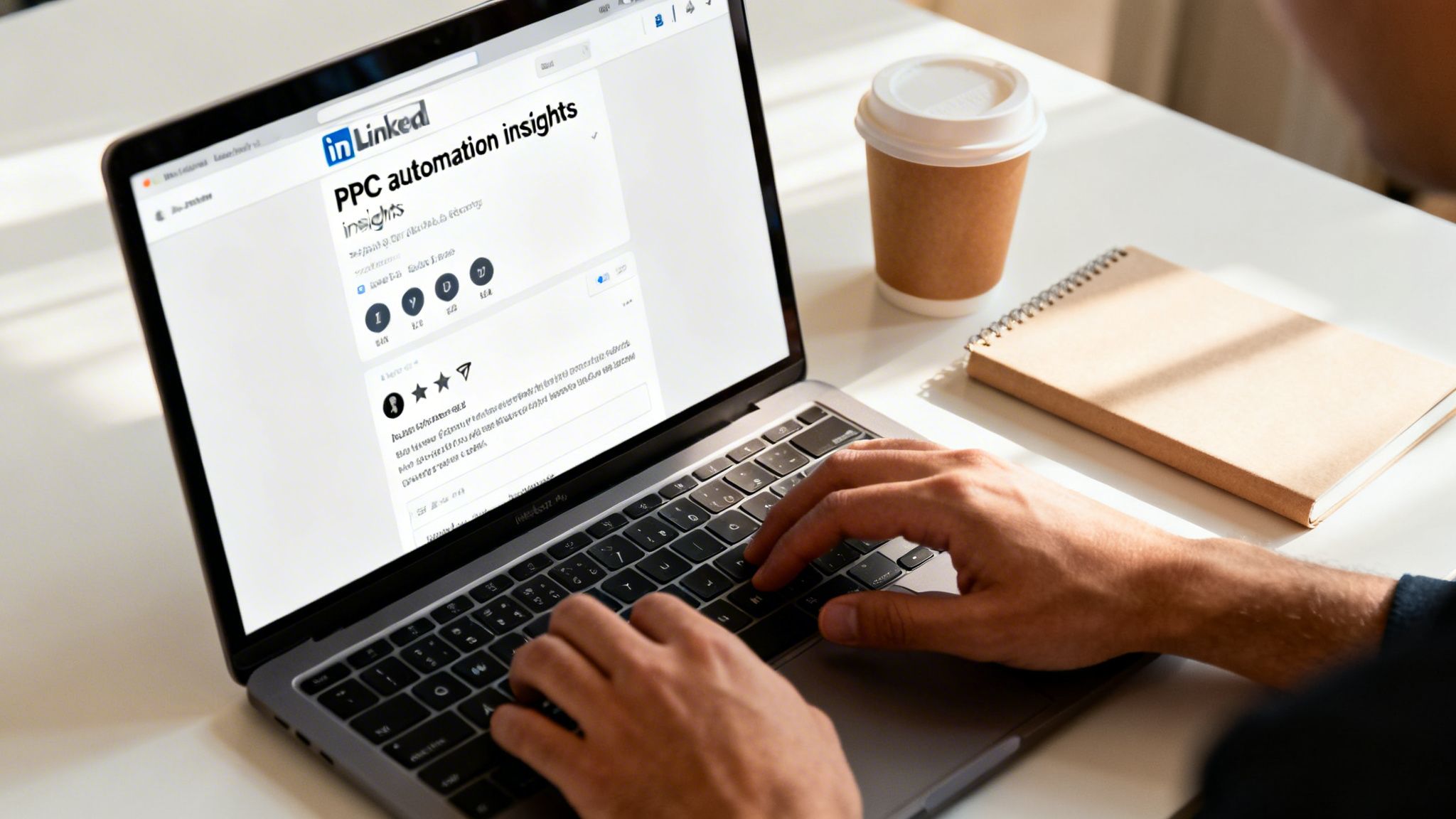 Une personne qui tape sur un MacBook, lisant un article LinkedIn sur les insights en matière d’automatisation PPC, avec un café et un carnet sur le bureau.
