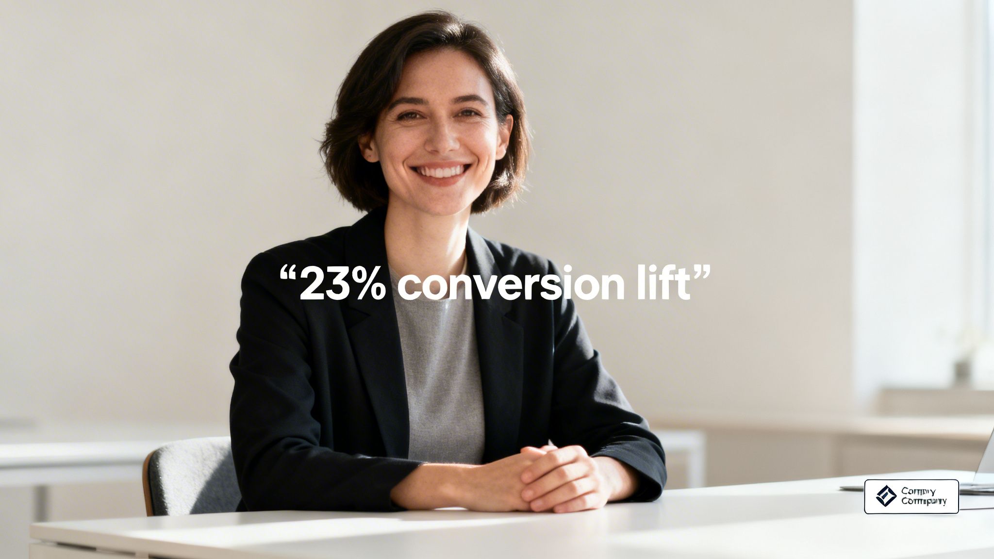 Une femme d’affaires souriante en costume assise à un bureau, avec du texte indiquant une hausse de « 23% de conversion ».