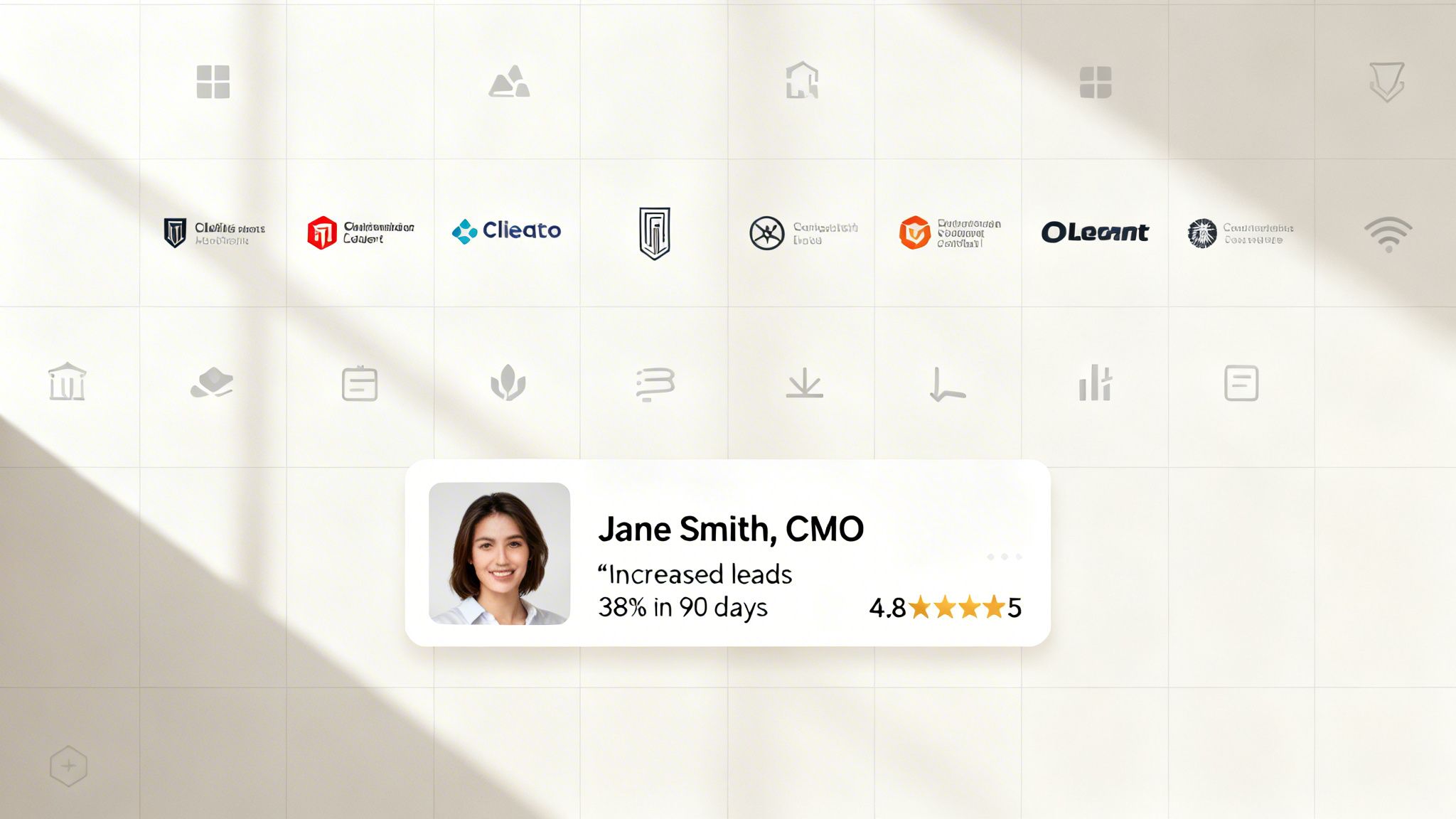 Interface web moderne montrant une grille d’icônes, des logos d’entreprise et une carte de témoignage de Jane Smith, CMO.