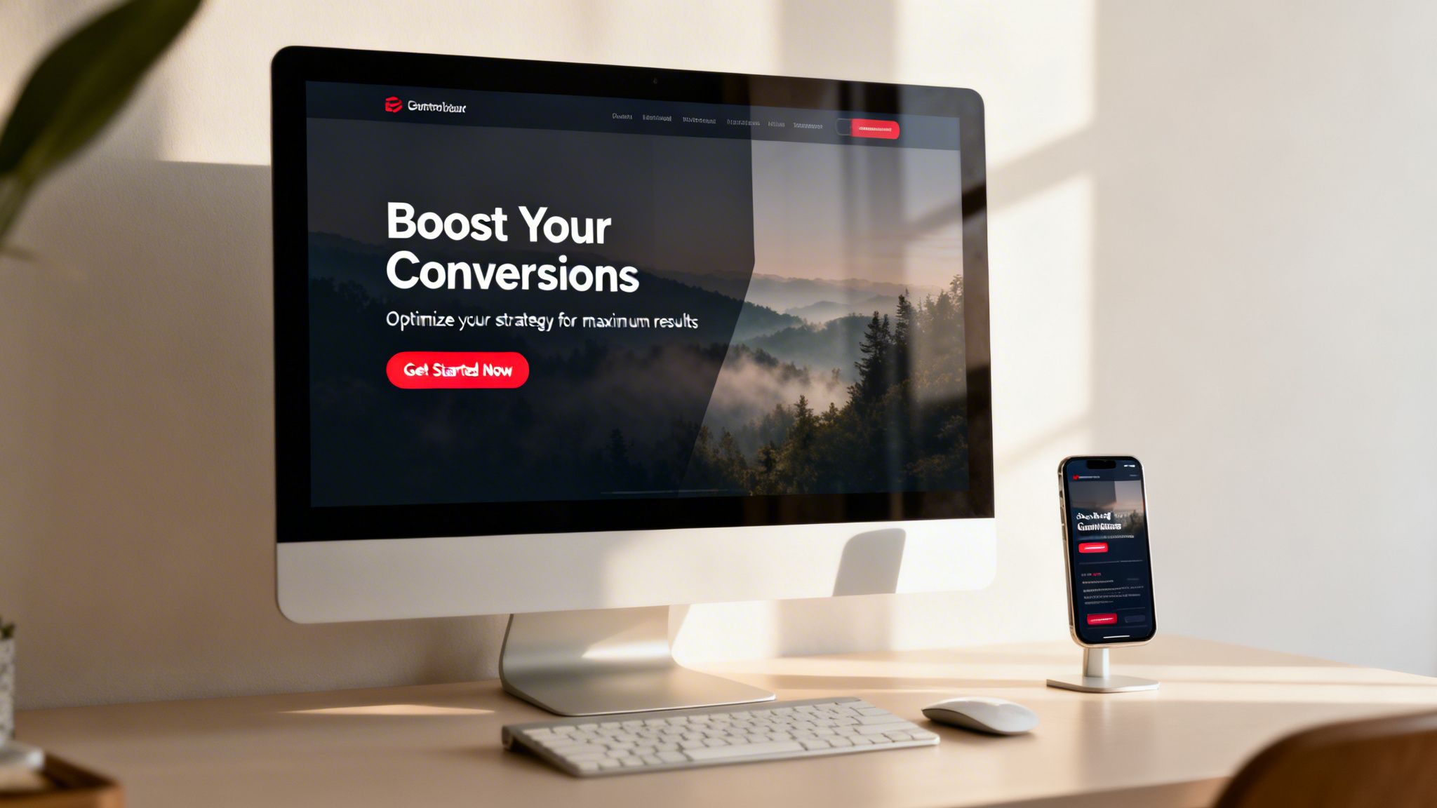 Un ordinateur de bureau et un smartphone présentant un site web avec « Boost Your Conversions » sur un bureau moderne.
