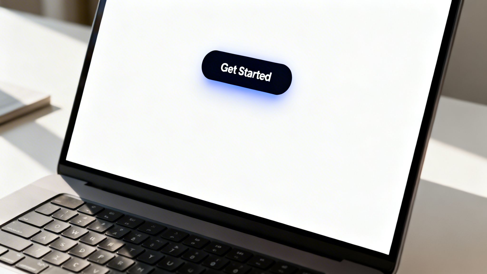 Un écran d’ordinateur portable affichant un bouton « Commencer » avec un effet bleu lumineux, sur un bureau de couleur claire.
