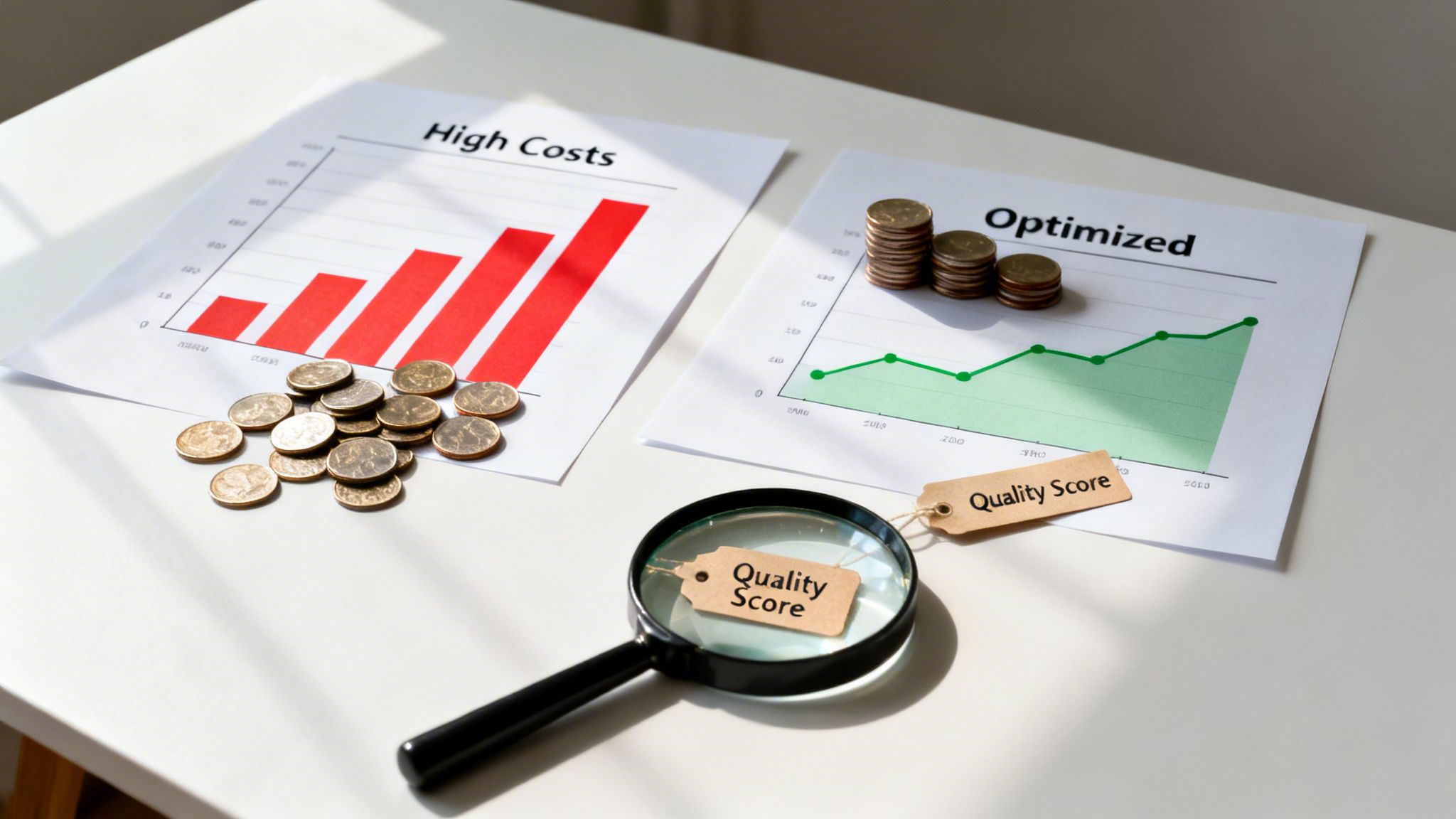 Grafice care compară costurile ridicate și strategiile optimizate, cu monede și o etichetă „Quality Score”.