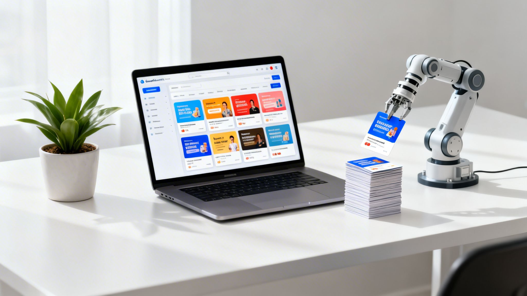 Un braț robotic ține un card digital de reclamă lângă un laptop care afișează o platformă de publicitate online.
