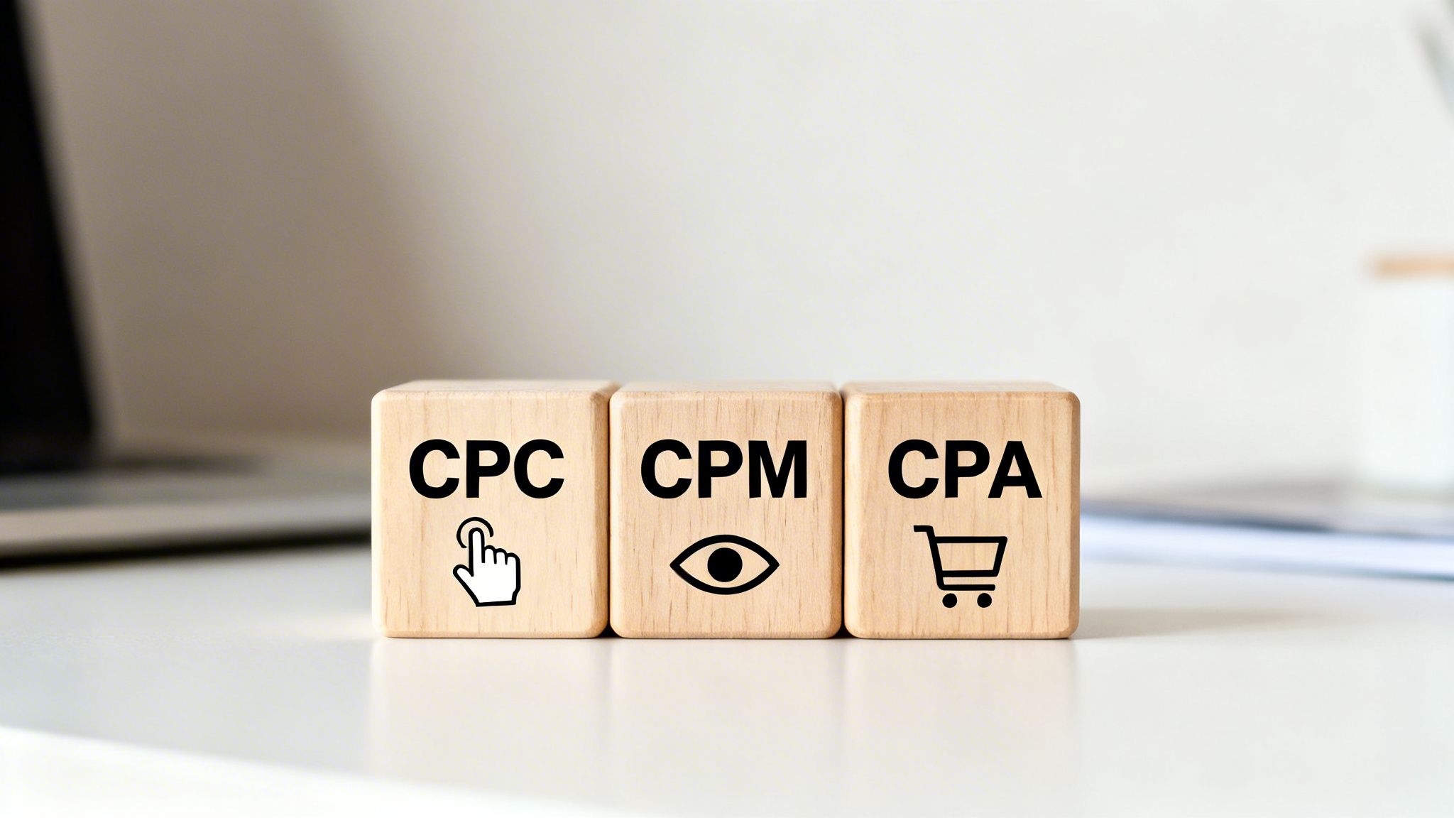 Trei blocuri din lemn ilustrează indicatorii CPC, CPM și CPA pentru costurile publicității online.