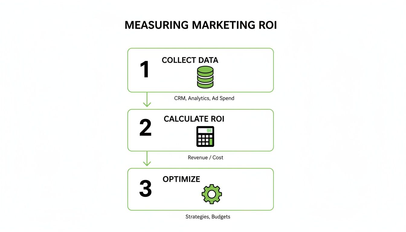 Flowchart mit drei Schritten zur Messung von Marketing ROI: Daten sammeln, ROI berechnen und optimieren.
