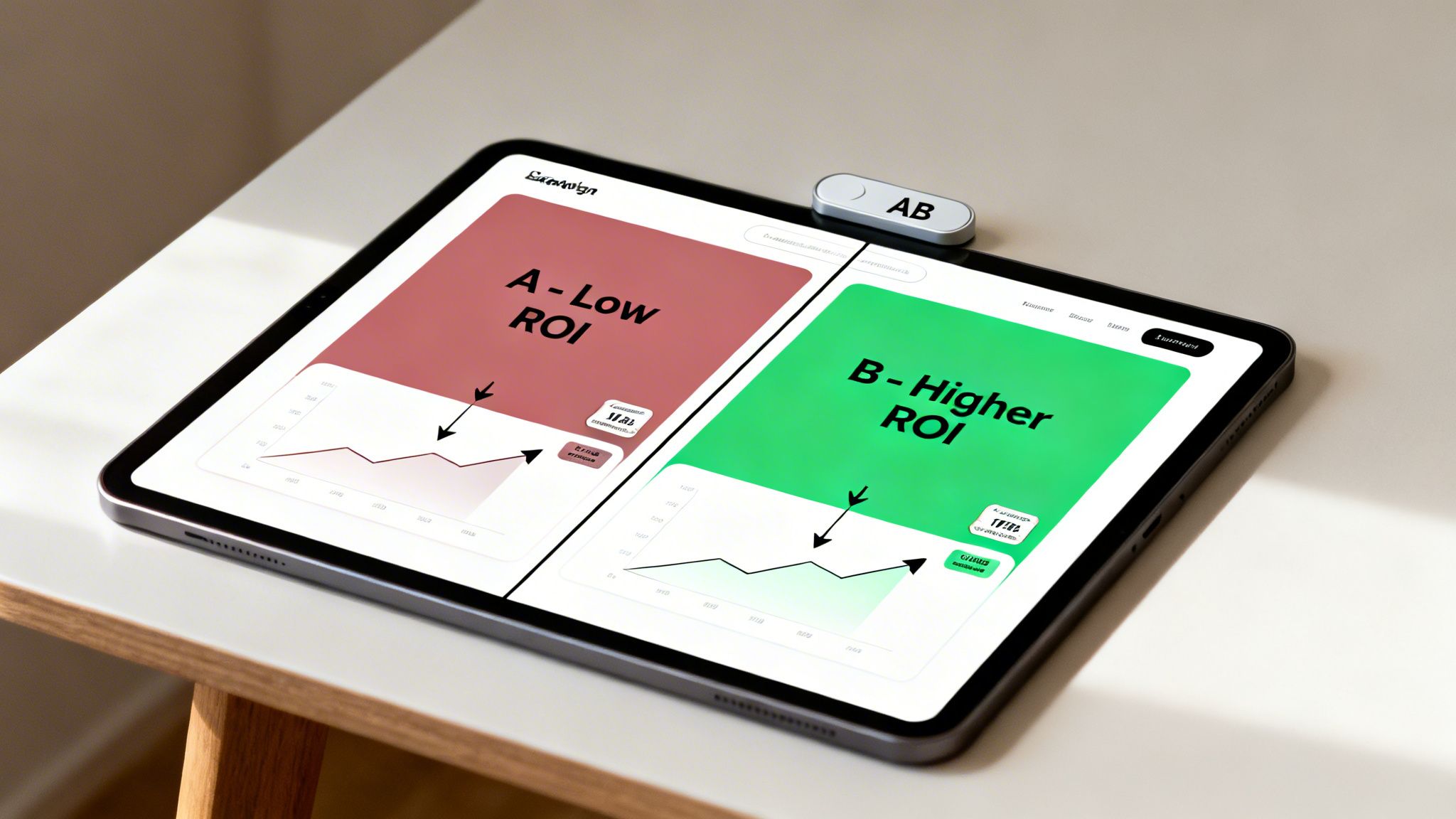 Tablet mit A/B-Test-Vergleich zu niedrigem und höherem Marketing ROI-Ergebnis sowie einem physischen AB-Gerät.