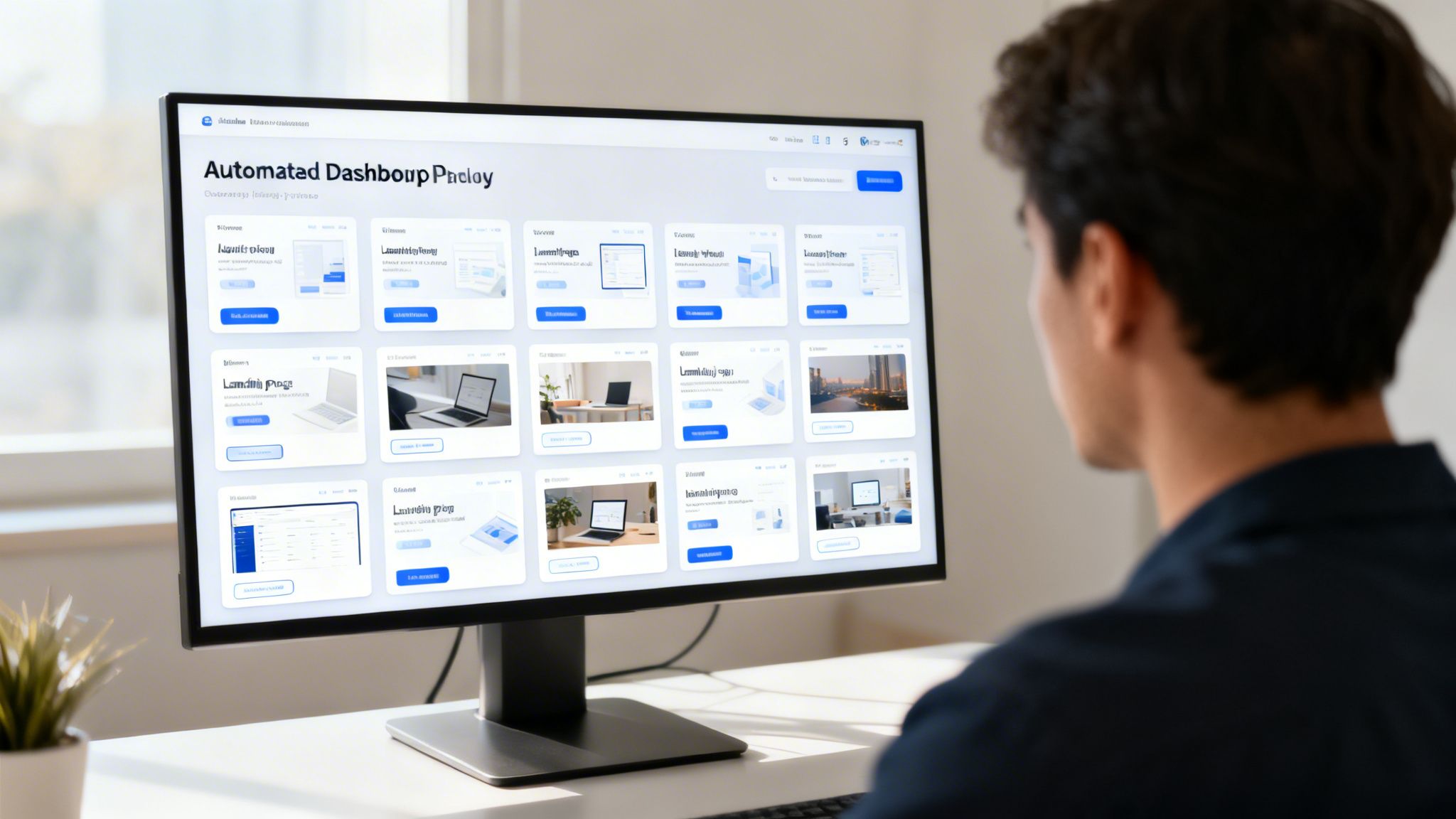 Tânăr concentrat asupra unui ecran de computer care afișează o interfață de dashboard automatizat cu diverse carduri de aplicații web.