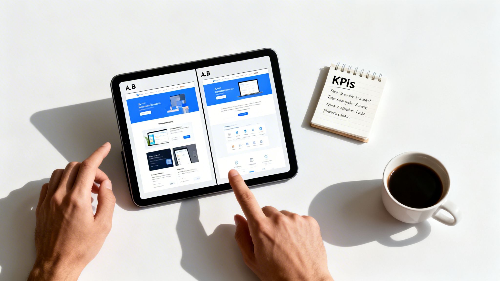 Mâinile interacționează cu o tabletă care afișează layout-uri de <em>A/B testing</em> pentru un website, alături de un caiet cu KPI-uri și o cană de cafea.