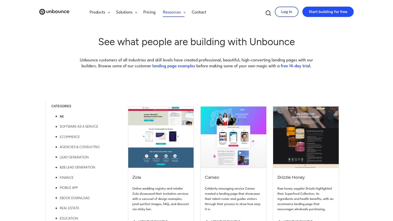 Une capture d’écran de la galerie d’exemples de Landing Pages Unbounce, montrant une grille de différents designs de Landing Page.