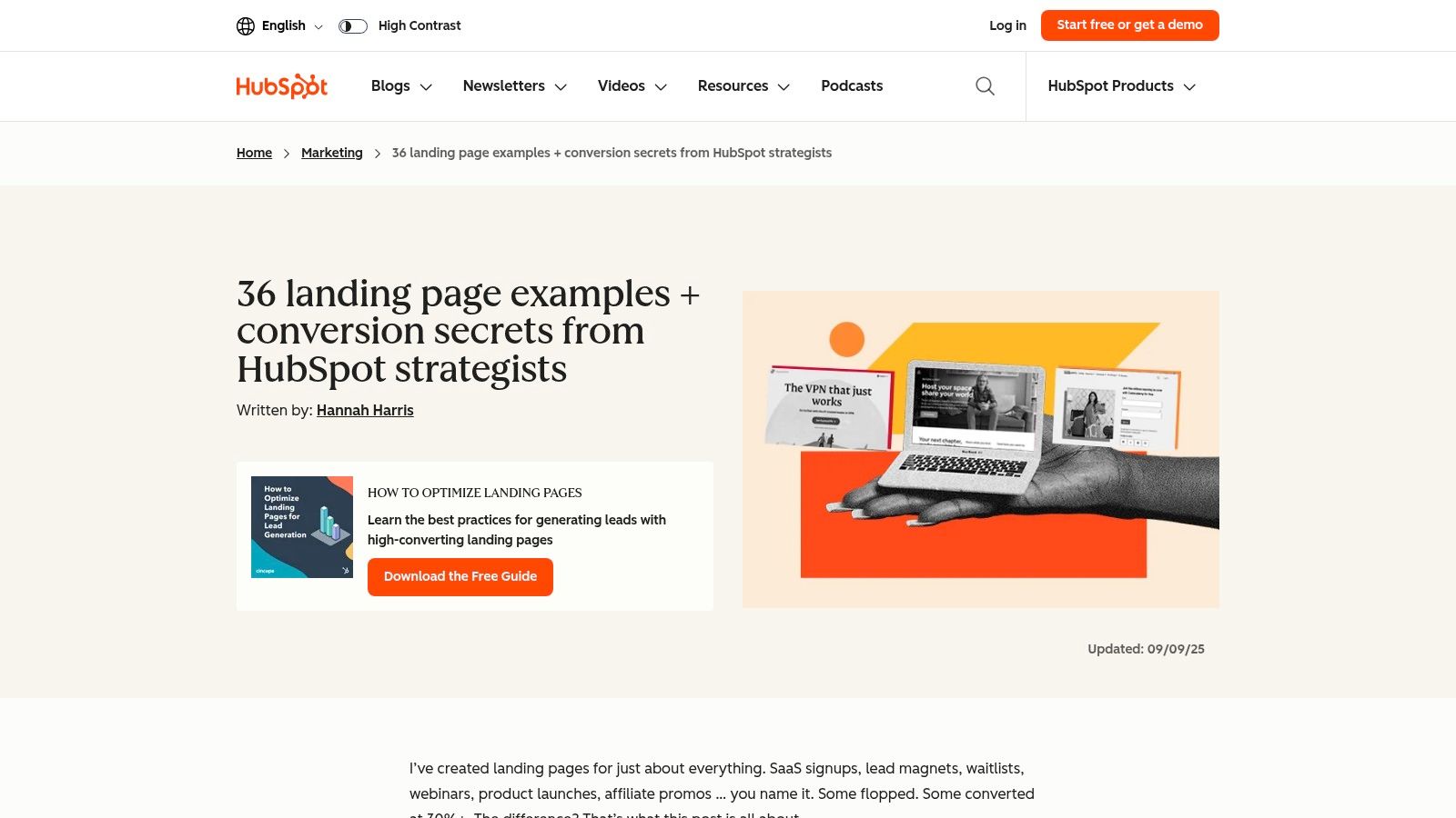 Une capture d’écran d’un article de blog HubSpot montrant une grille de différents exemples de Landing Pages.