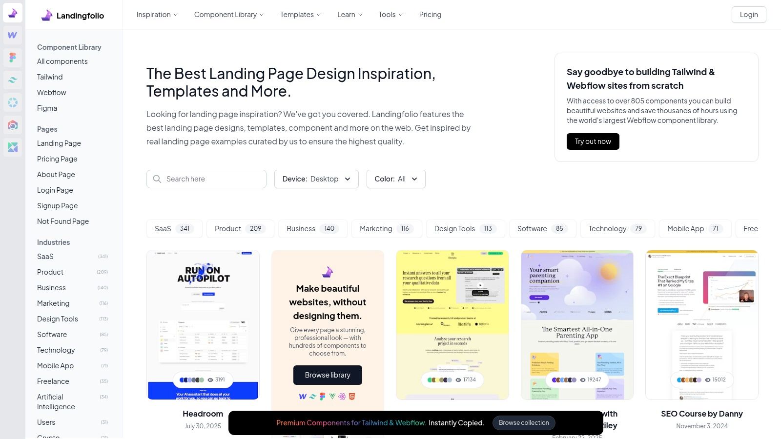 Une capture d’écran du site Landingfolio, affichant une galerie de différents designs de Landing Pages provenant de diverses entreprises.