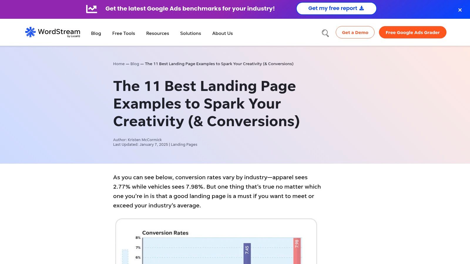 Une capture d’écran d’un article WordStream, présentant un exemple de Landing Page avec du texte analytique à côté.