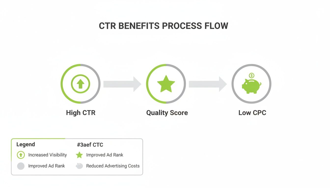 Diagramă de flux care arată cum un CTR ridicat duce la un Quality Score mai bun și la costuri publicitare mai mici.