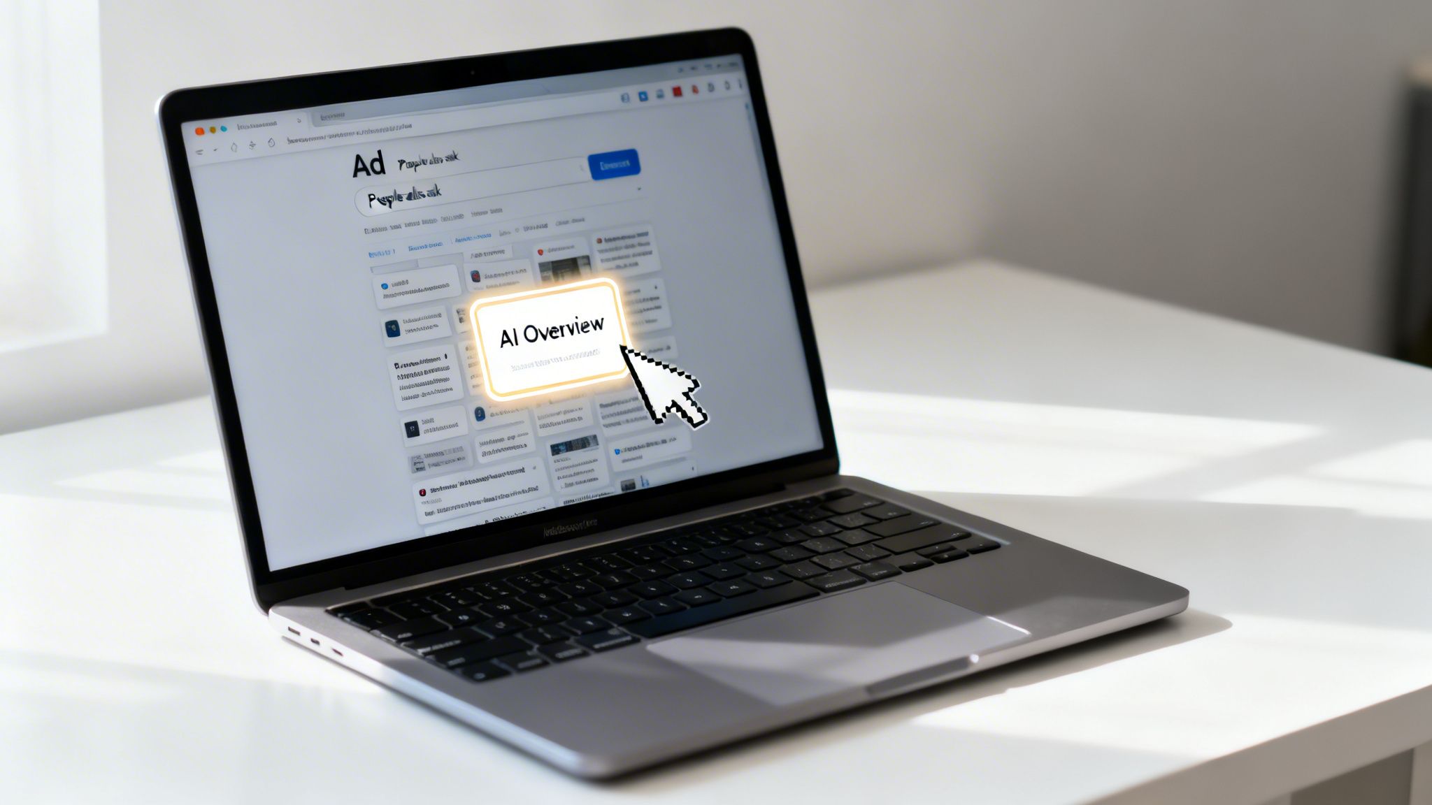 Ilustrație simplificată a unei Google Search Engine Results Page (SERP) care arată cum reclamele, AI Overviews și rezultatele organice concurează pentru clickuri.