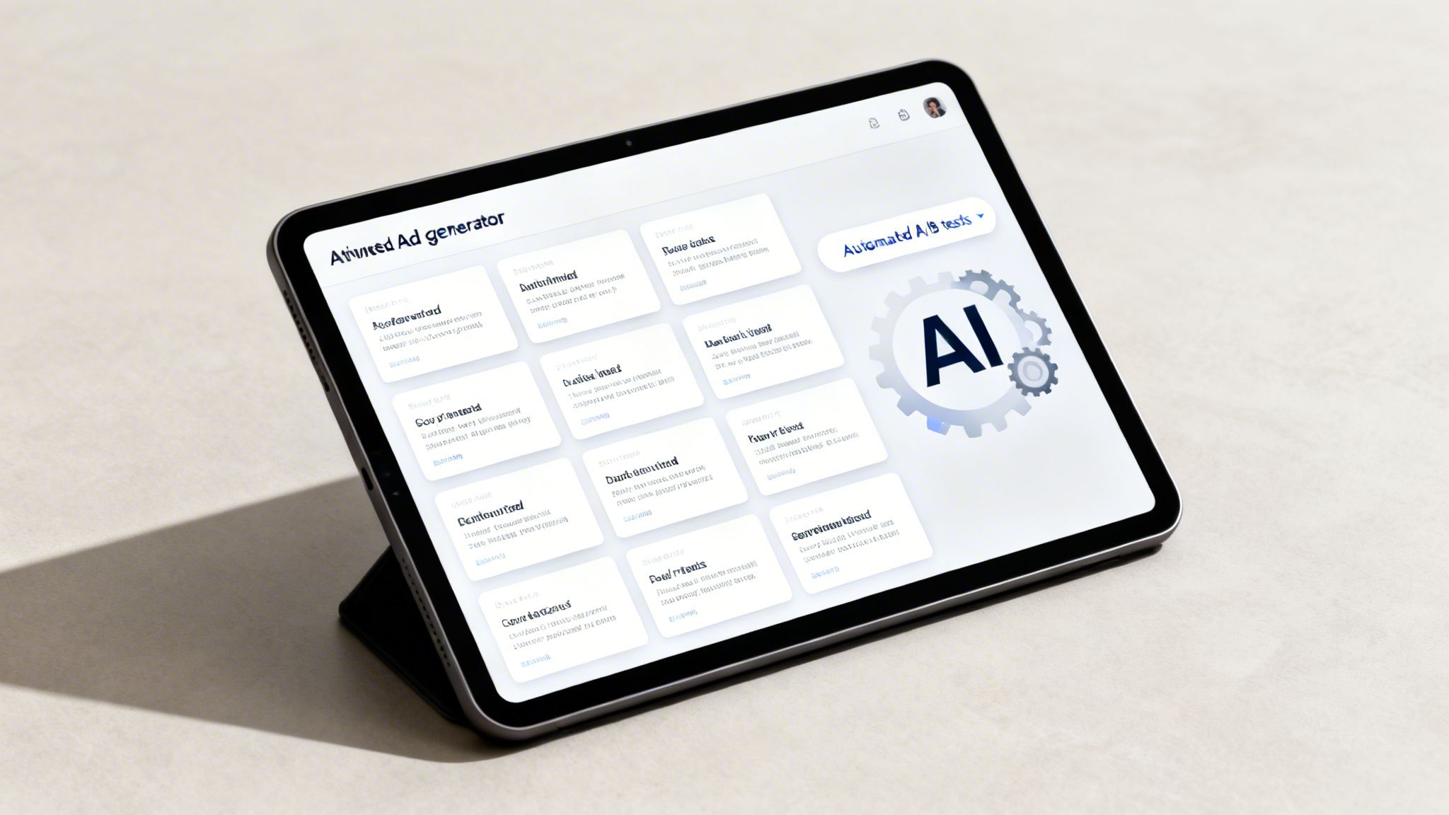 Un tablet care afișează o interfață de generator de reclame alimentată de AI, cu A/B tests automate.