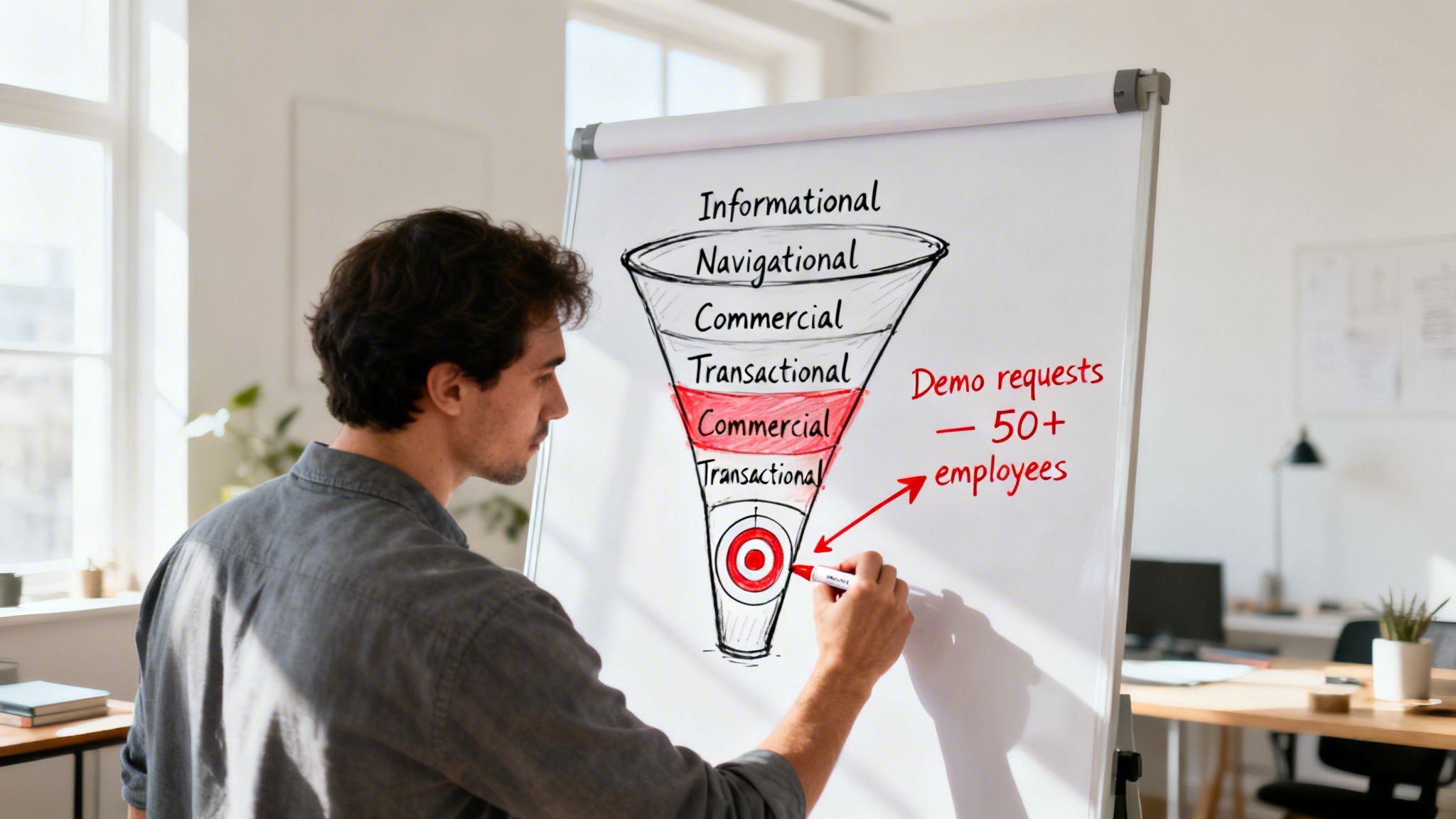 Un homme dessine un tunnel marketing sur un tableau blanc, visant des demandes de démo pour des entreprises de 50+ employés.