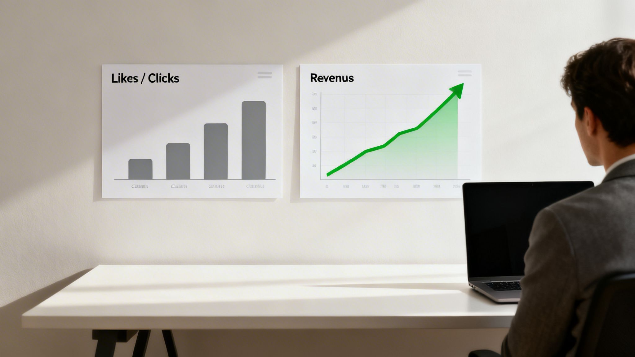 Une personne assise à un bureau, consultant des graphiques muraux indiquant la croissance de l’entreprise en likes/clics et en revenus.
