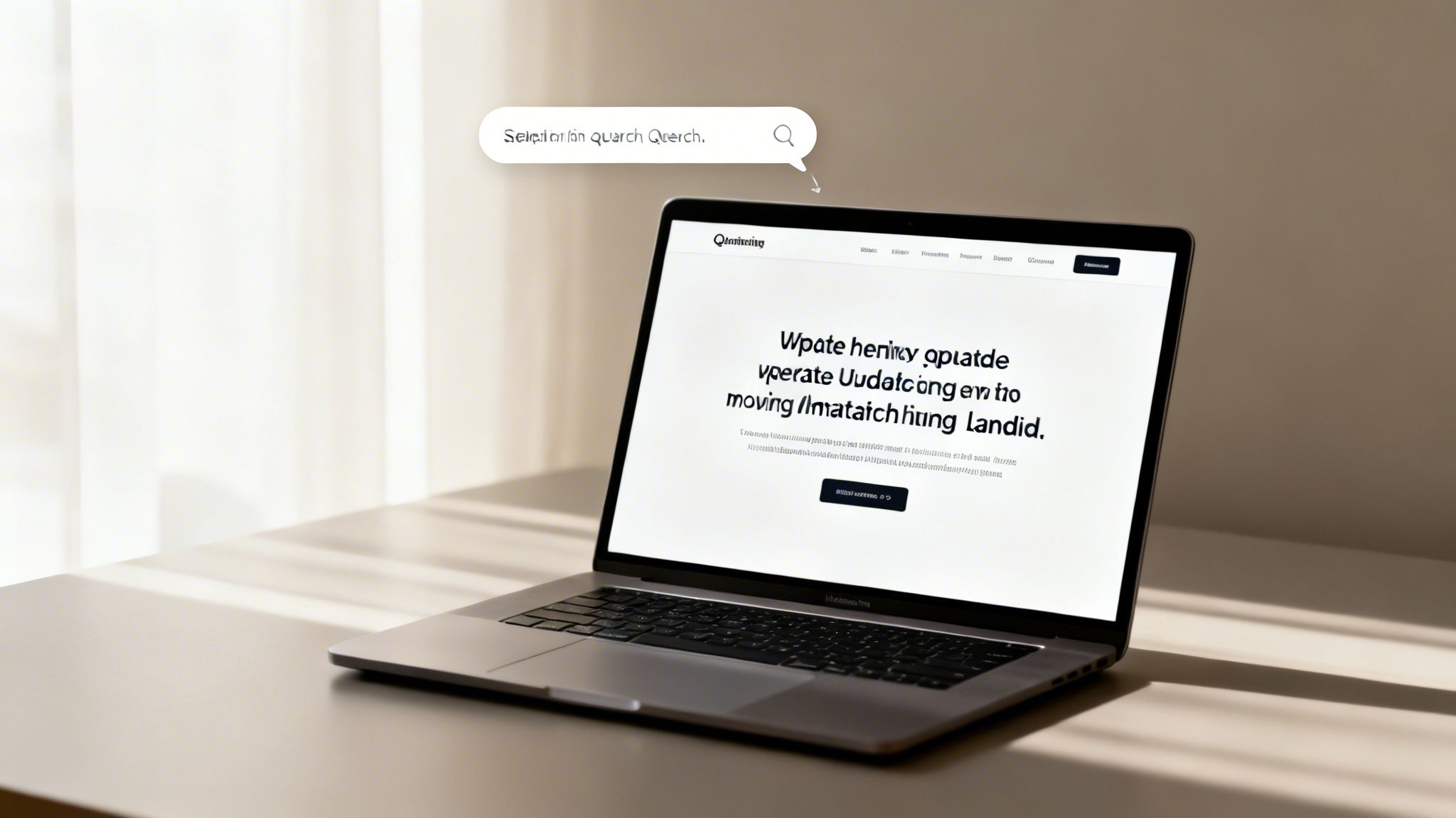 Un ordinateur portable moderne sur un bureau affichant un site web avec une bulle de barre de recherche au-dessus.