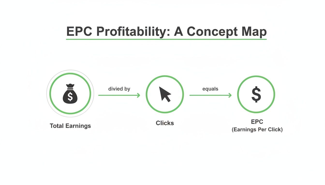 Un mapa conceptual que ilustra la fórmula del EPC: los ingresos totales divididos entre los clics totales equivalen al Earnings Per Click.