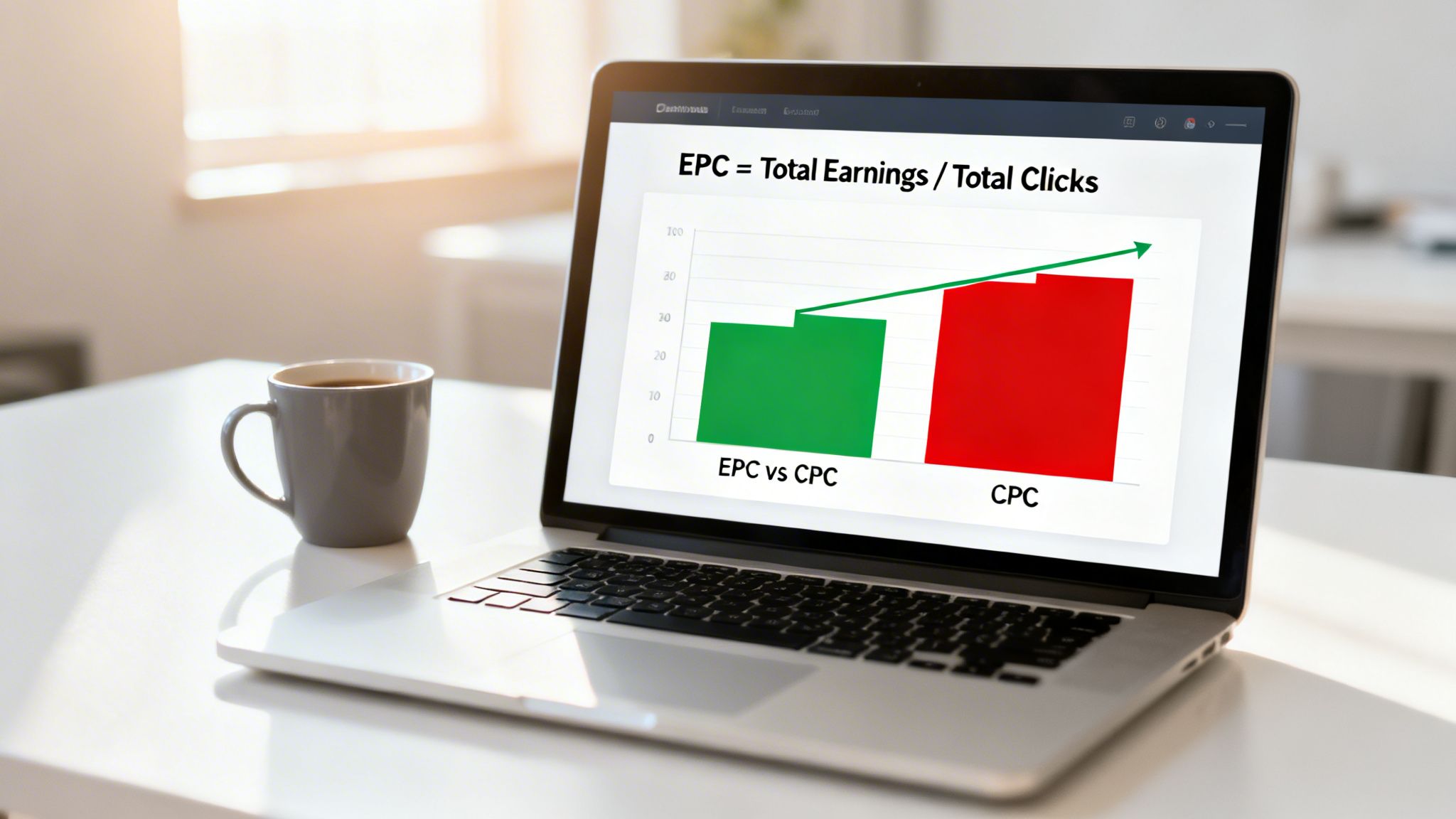 Portátil mostrando un gráfico de barras financiero que compara EPC vs CPC, con la fórmula EPC = Ingresos totales / Clics totales.