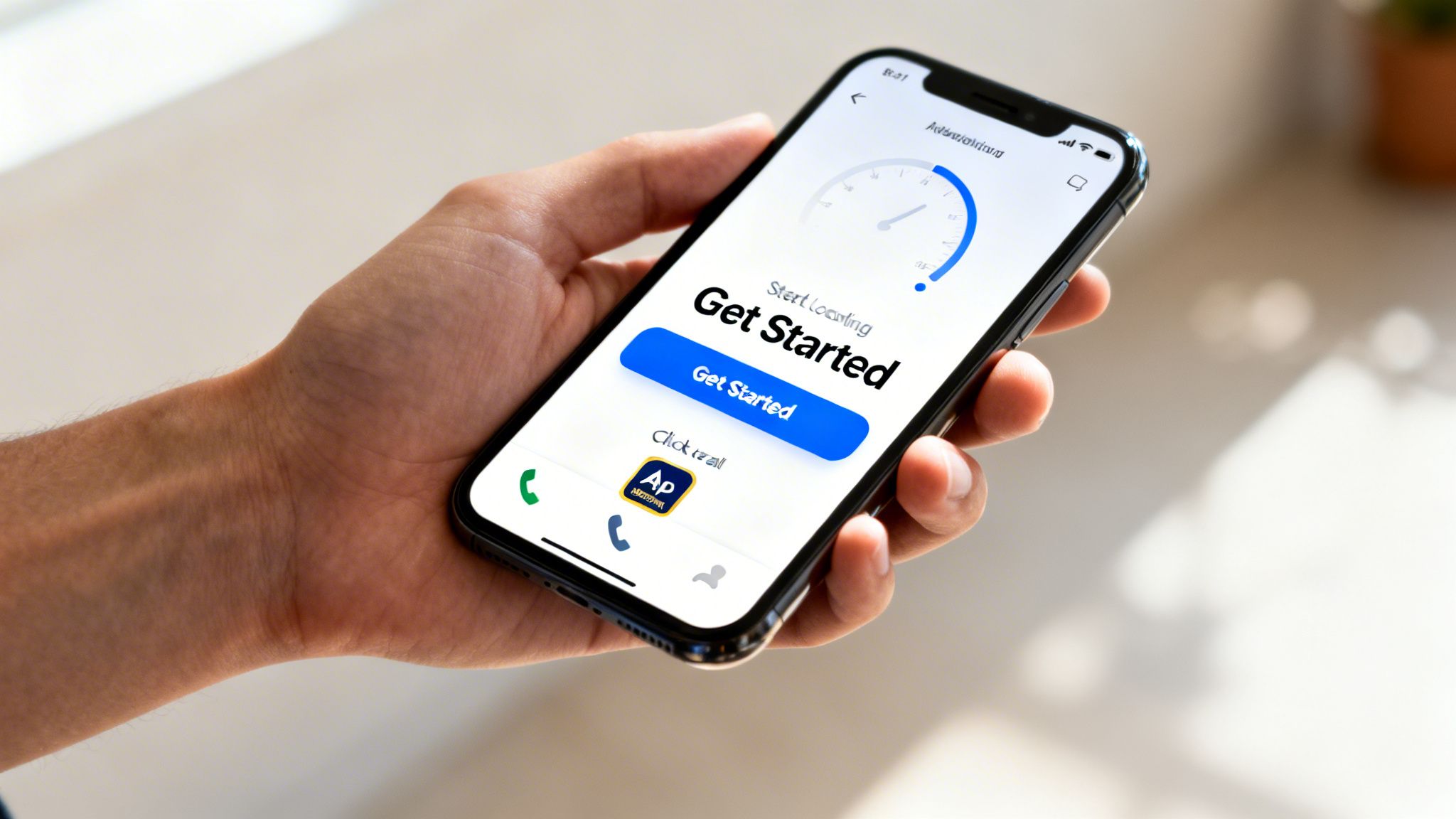 O mână ține un smartphone care afișează un ecran de aplicație 'Get Started' cu un buton albastru și un buton tip rotiță.