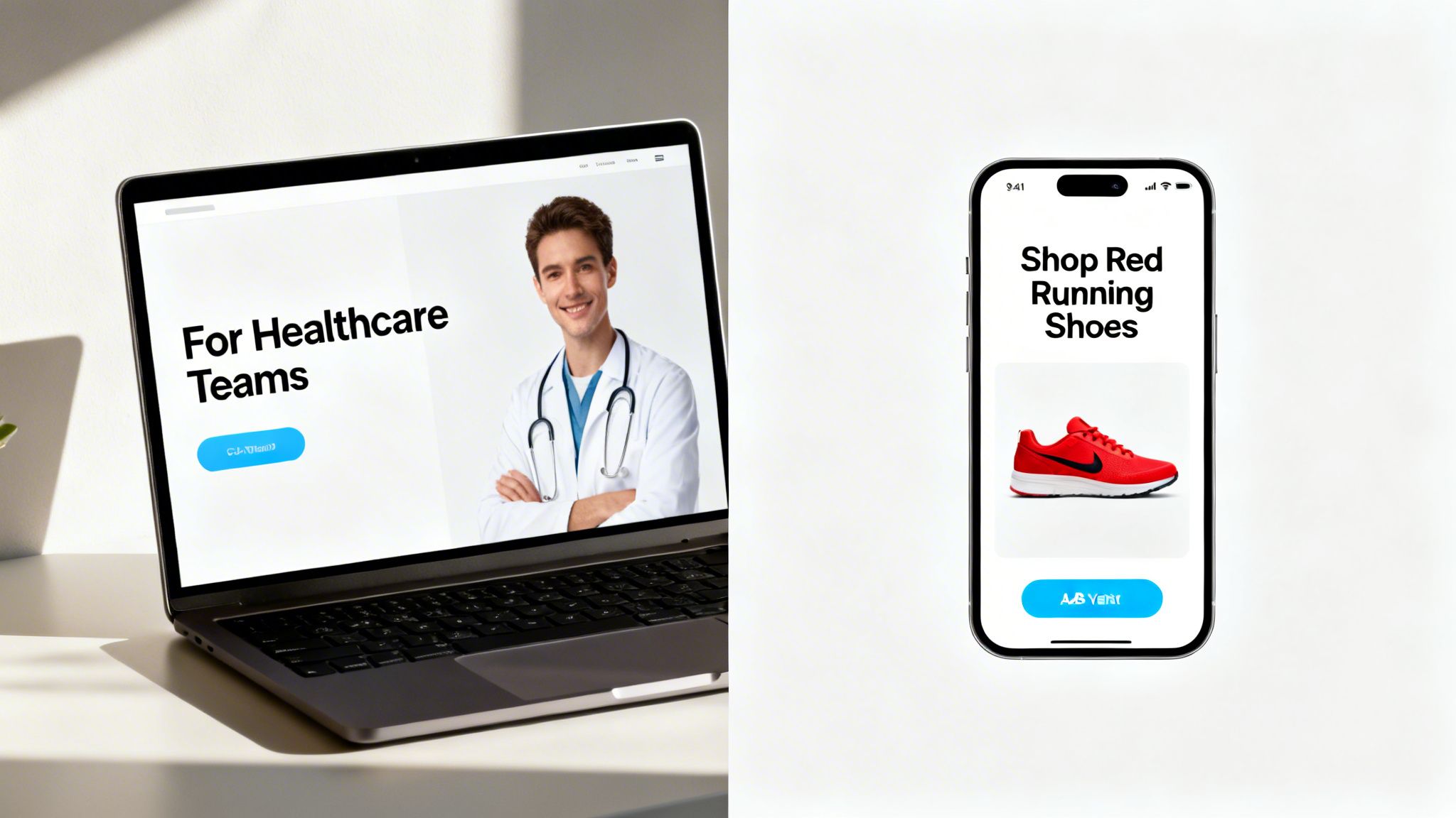 Digital marketing afișează: un laptop cu un site medical și un smartphone cu o pagină de încălțăminte din e-commerce