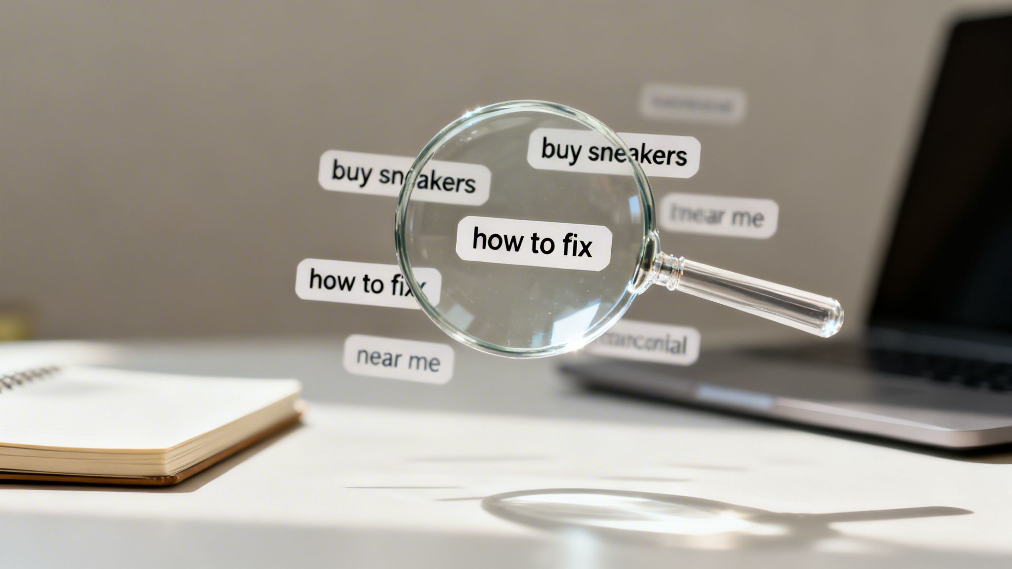 O lupă evidențiază 'how to fix' printre căutările precum 'buy sneakers', simbolizând căutarea online și rezolvarea unei probleme