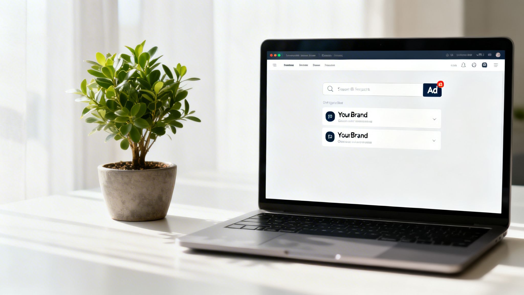Ordinateur portable affichant une interface de marketing digital avec un contenu 'Your Brand' et un bouton 'Ad', à côté d’une plante en pot.