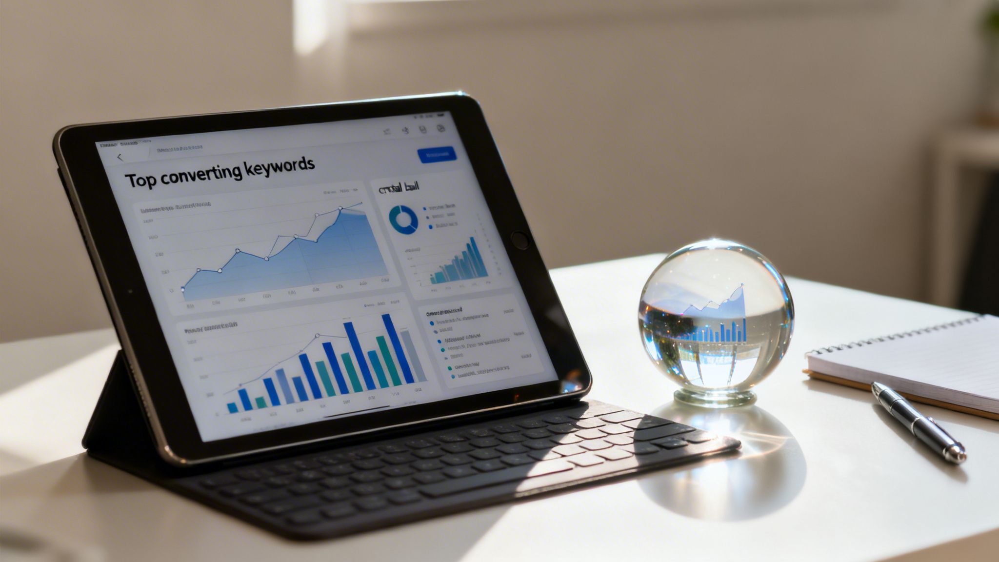 Une tablette affichant des données d’analytique pour les 'Top converting keywords', avec une boule de cristal reflétant la croissance, un carnet et un stylo.